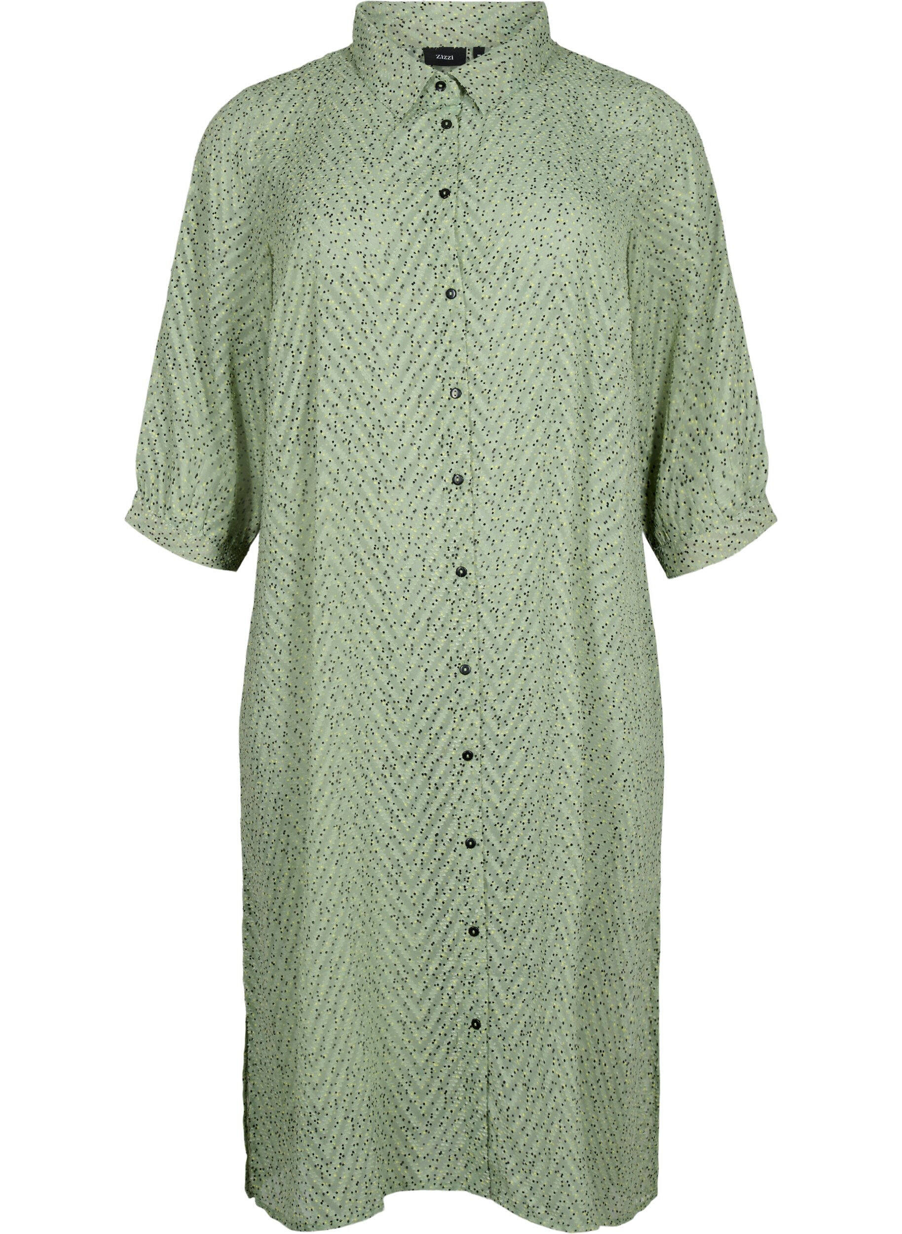 Zizzi Robe chemise &agrave; pois avec manches 3/4 et fente, Seagrass Dot, Packshot image number 0