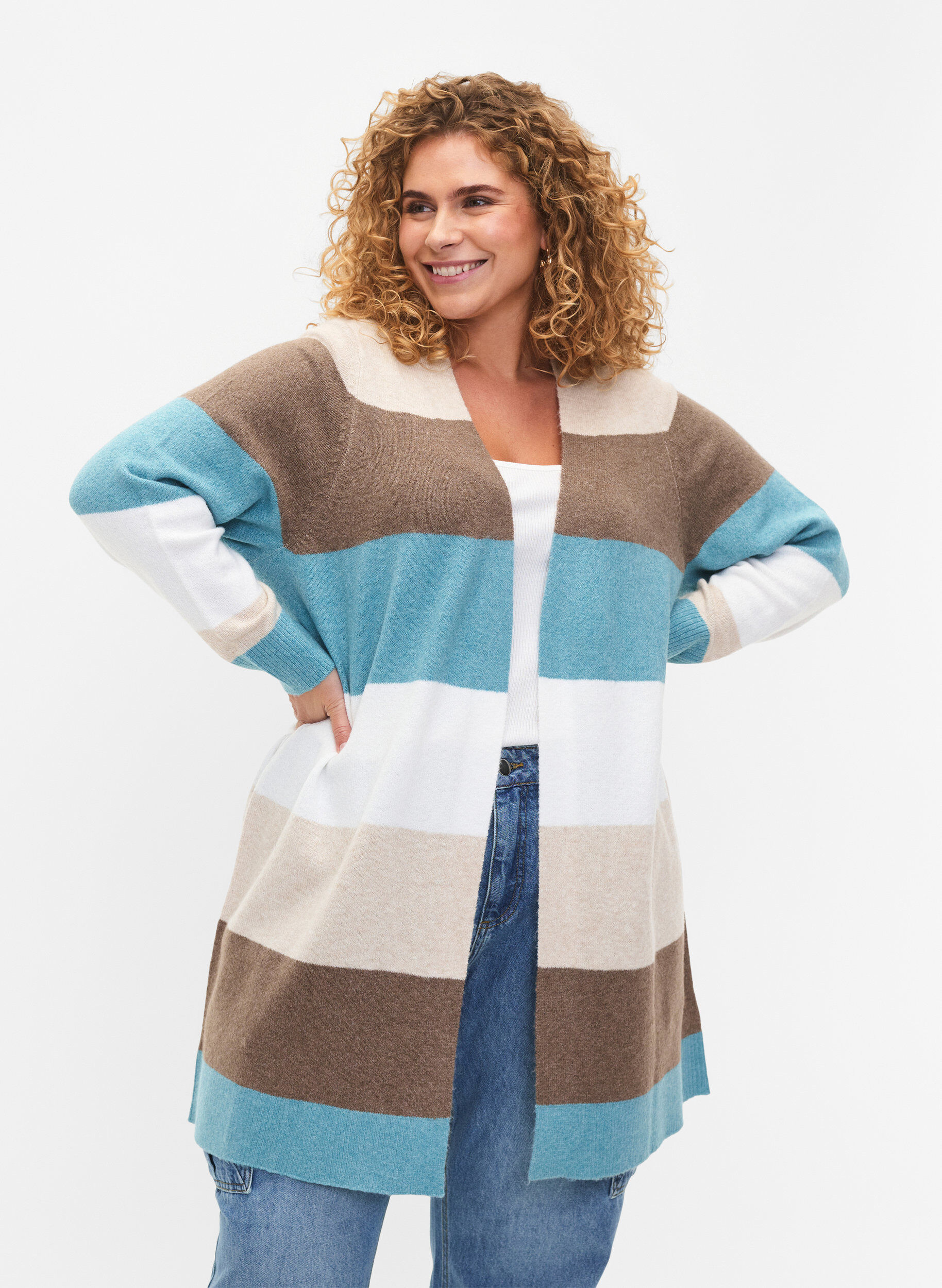 Zizzi Cardigan long ouvert &agrave; l'avant, Reef Waters Mel Comb, Model image number 0