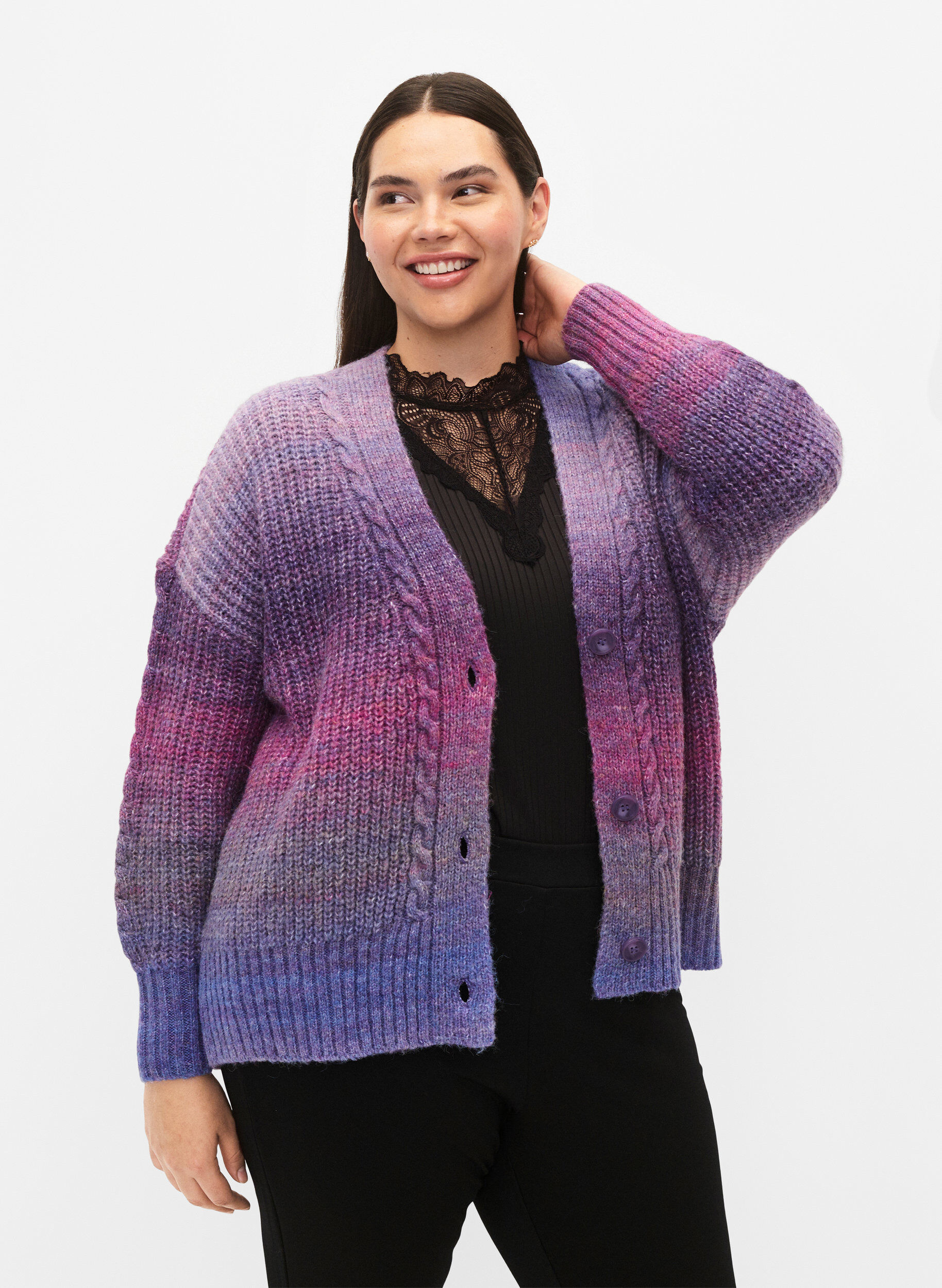Zizzi Melange-Strickjacke mit Kn&ouml;pfen, Pansy Mel. Comb, Model image number 0