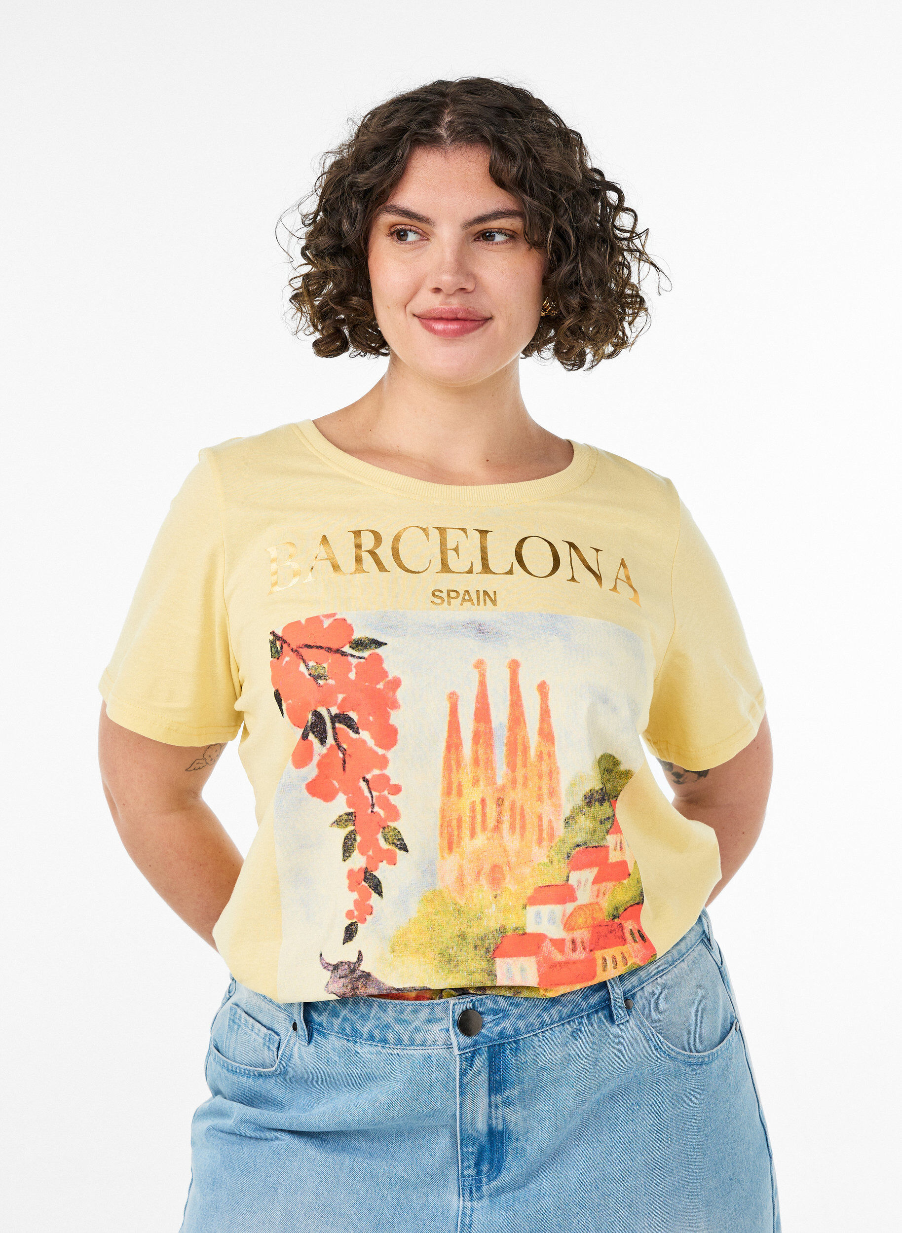 T-shirt en coton avec imprim&eacute;, Jaune clair, Model