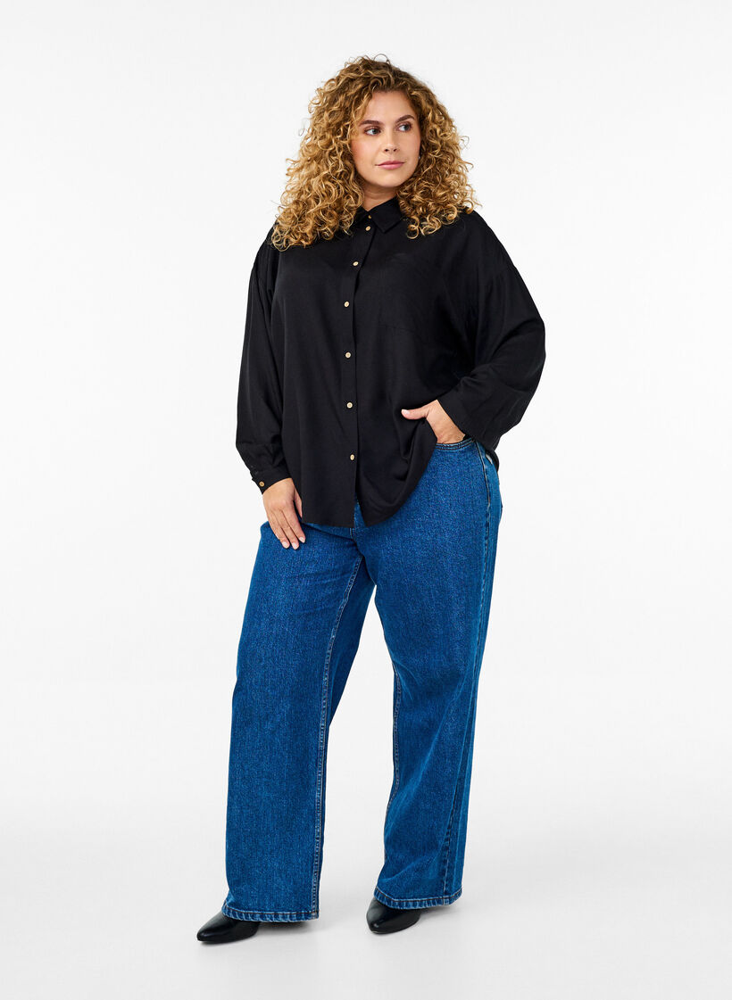 Lange Bluse aus Leinen und Viskose, Schwarz, Model image number 1