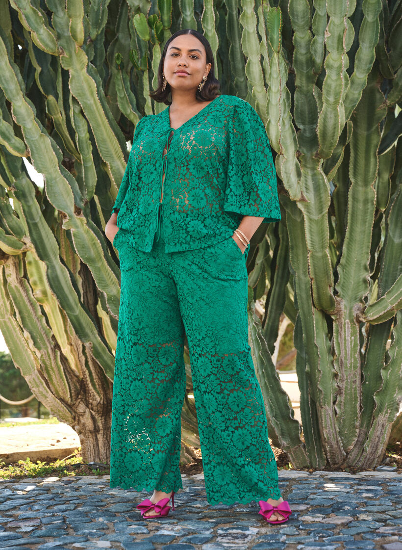 Pantalon taille haute en dentelle et avec des poches, Vert, Image image number 0