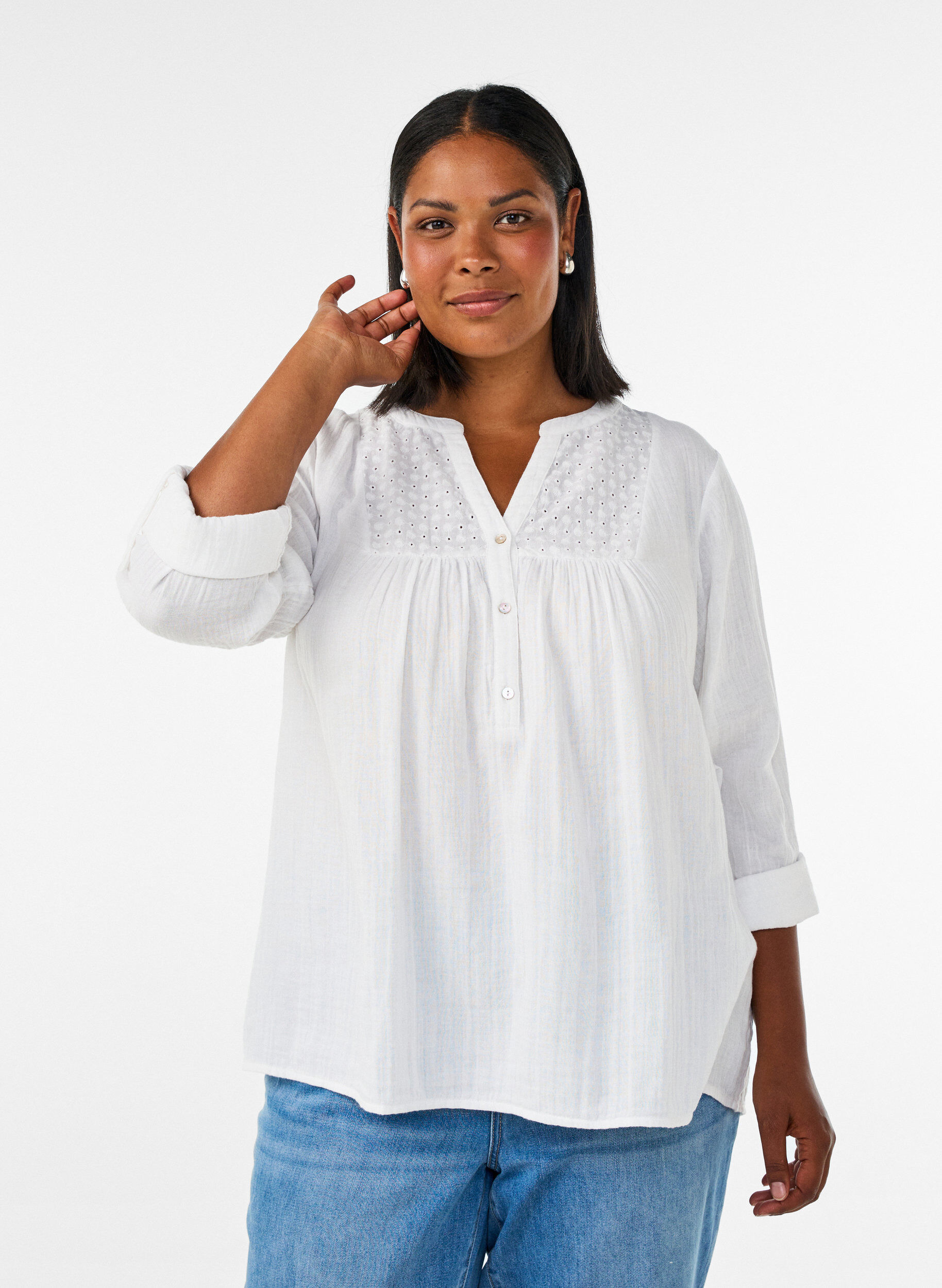 Blouse en mousseline de coton avec broderie anglaise, Blanc, Model