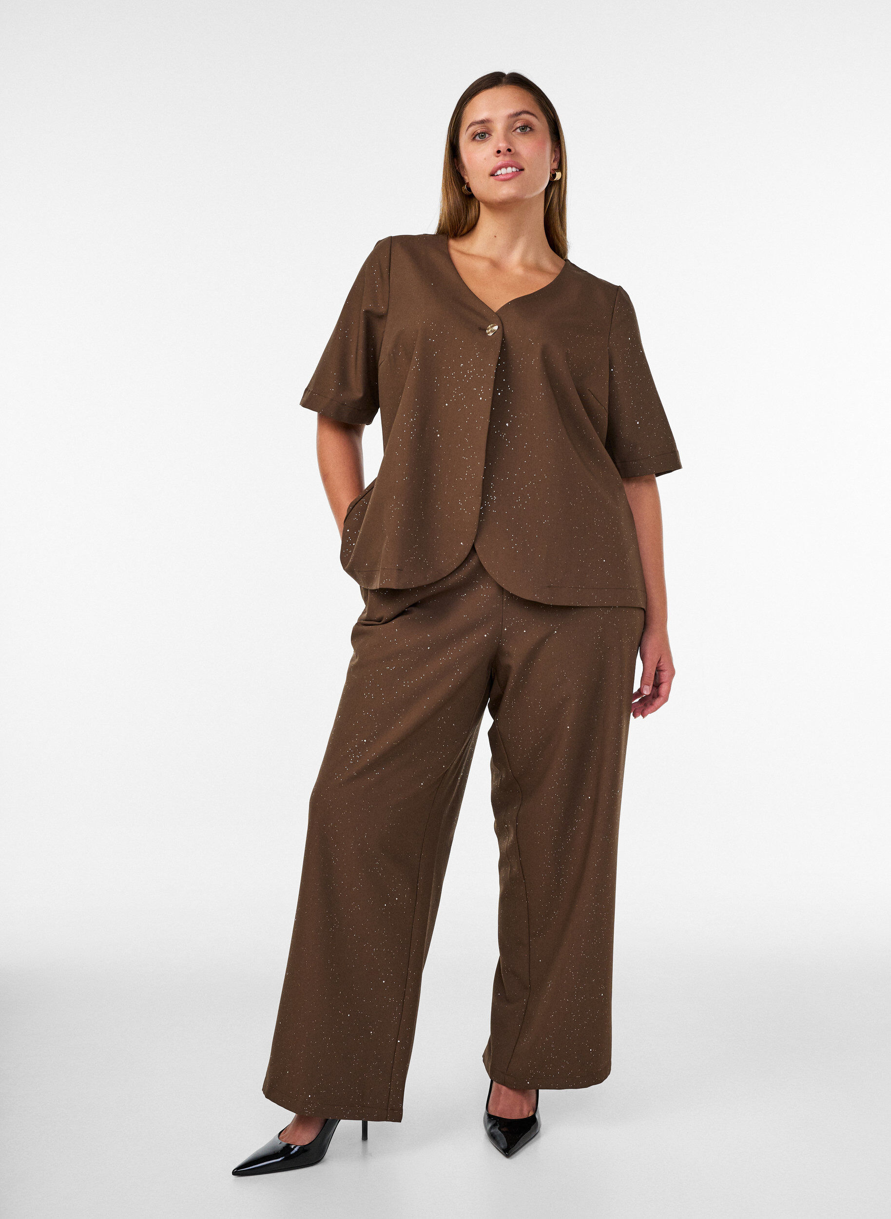 ZizziHose mit Glitzer und weitem Bein, Braun, Model image number 0