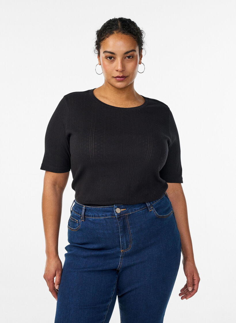 T-shirt en coton avec broderie ajour&eacute;e, Noir, Model image number 0