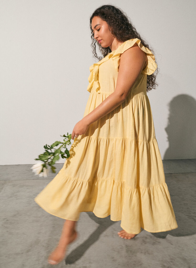 &Auml;rmelloses Midikleid aus Leinen und Viskose mit R&uuml;schen, Gelb, Image image number 0