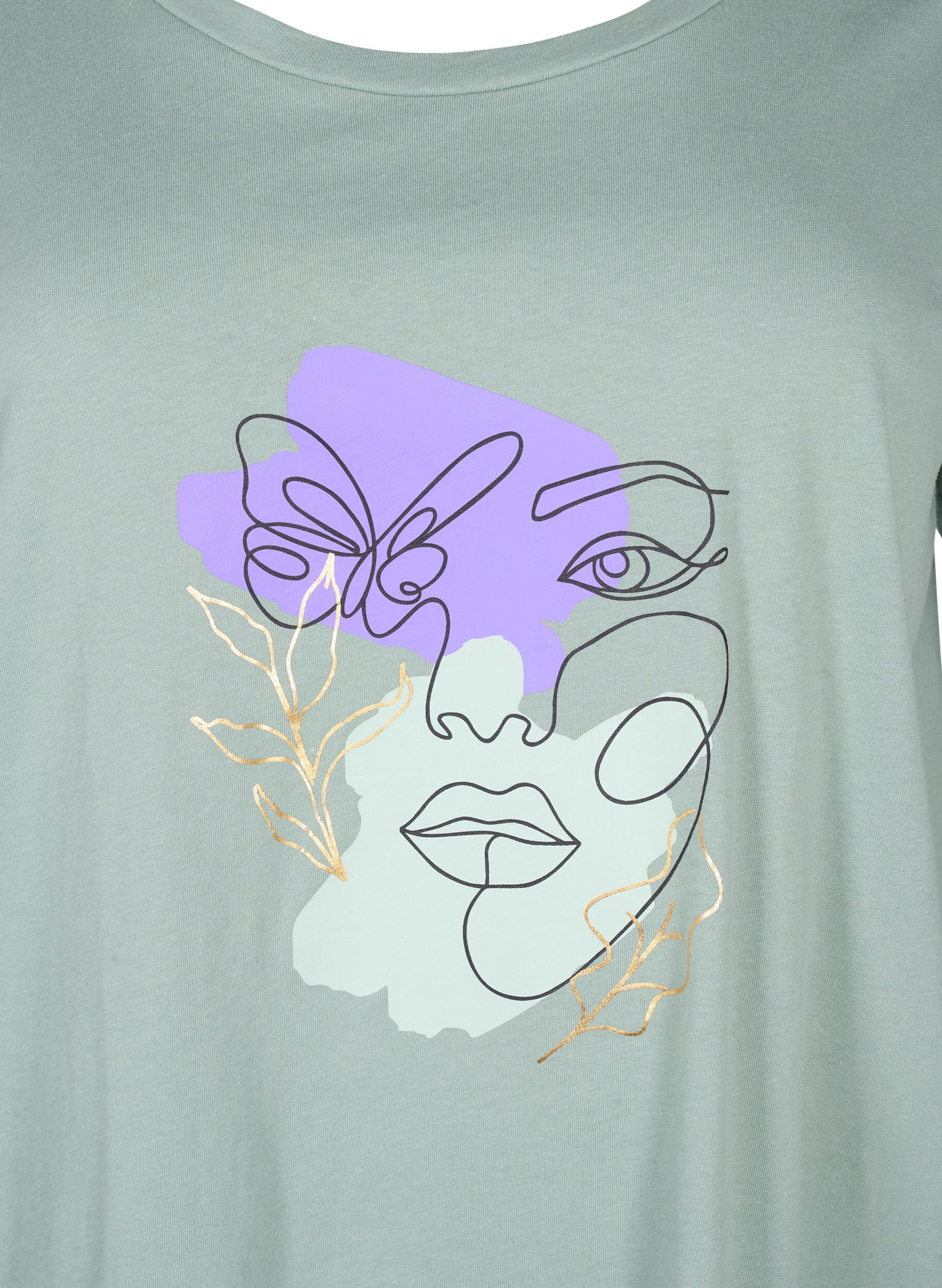Zizzi T-shirt en coton avec motif, Ch. Green w. Face, Packshot image number 2
