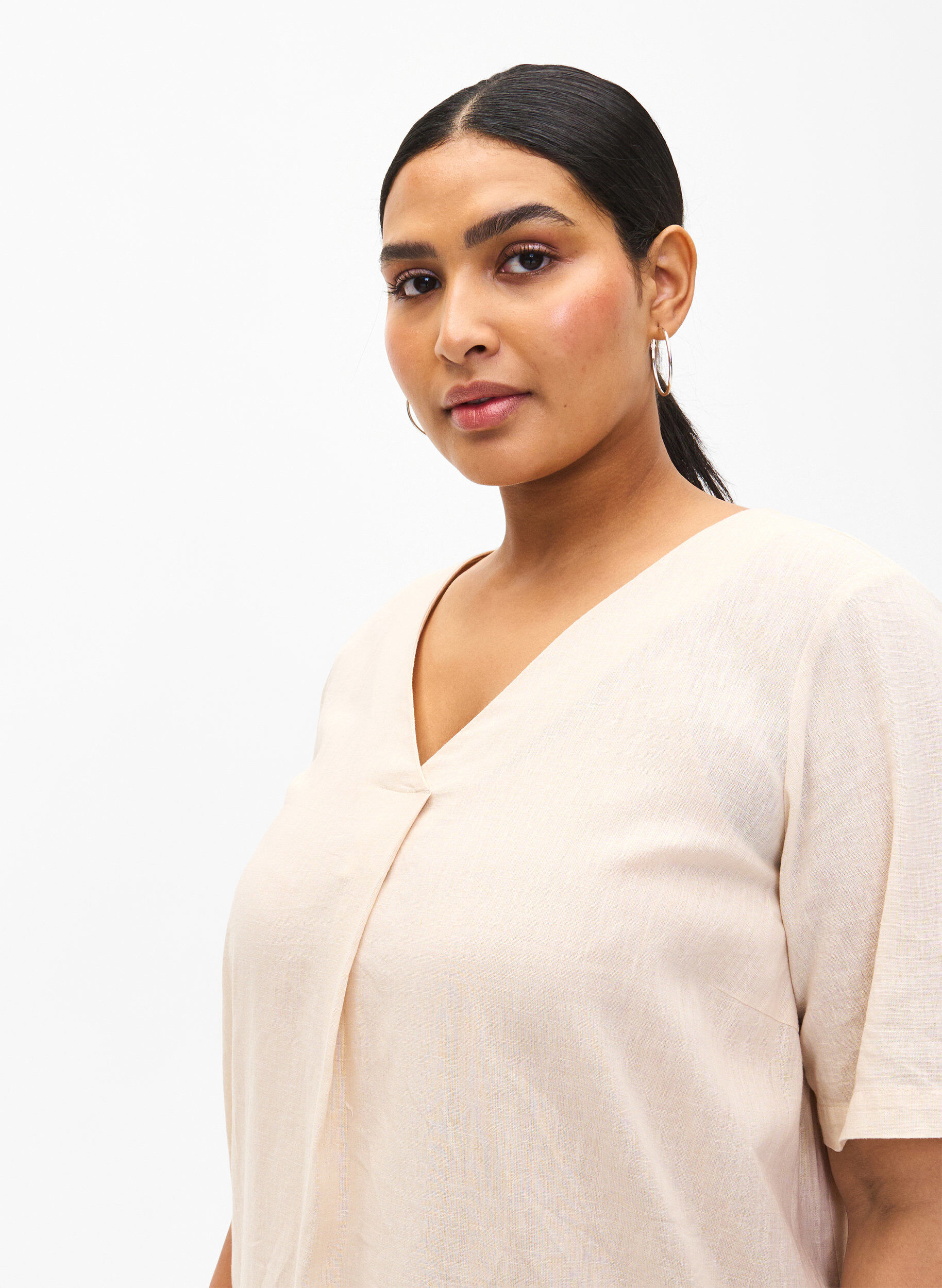 Zizzi Kaftan-Kleid aus Baumwollmischung mit Leinen, Beige, Model image number 3