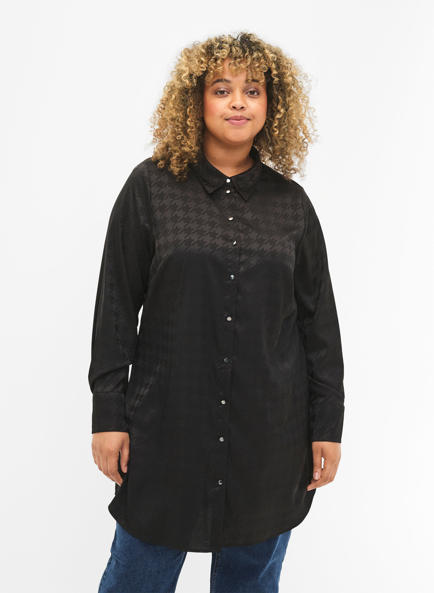 Zizzi Chemise longue &agrave; motif pied-de-poule, Black, Model image number 0
