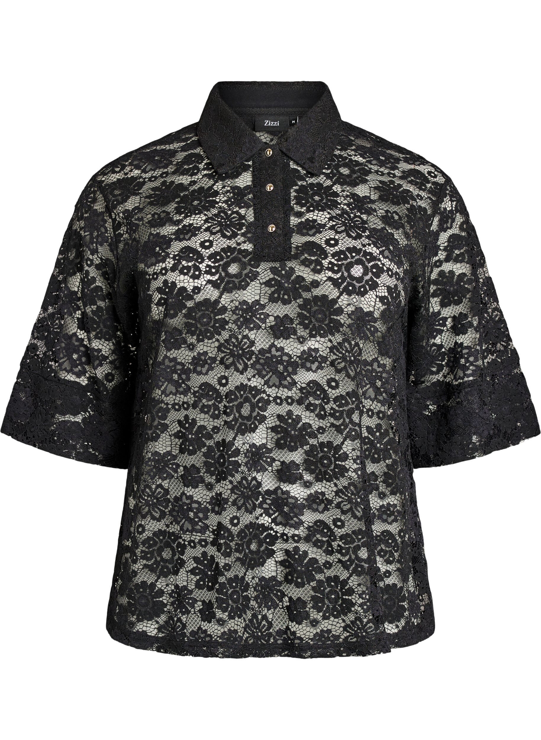 Zizzi Blouse en dentelle avec col et manches 1/2, Noir, Packshot image number 0
