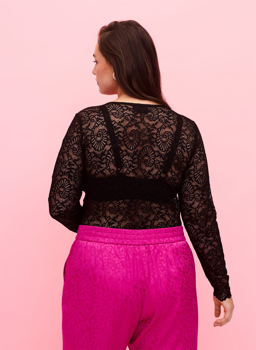 Bodystocking &agrave; manches longues en dentelle avec col en V, Black, Model image number 1