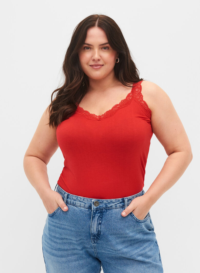 2er-Pack Tops mit Spitze, Black/Chinese Red, Model image number 0