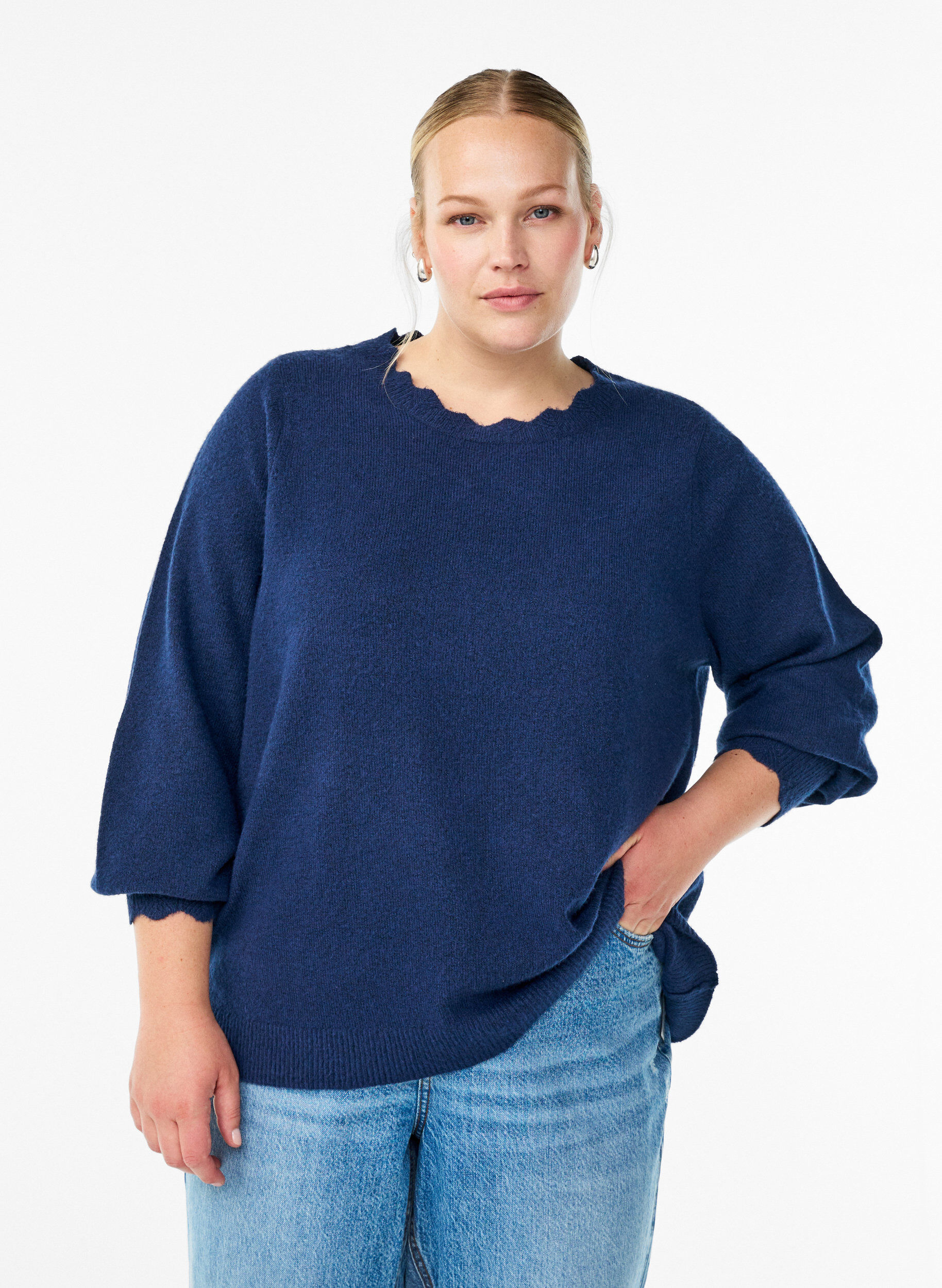 ZizziStrickbluse mit Wellenkante, Blau, Model image number 0
