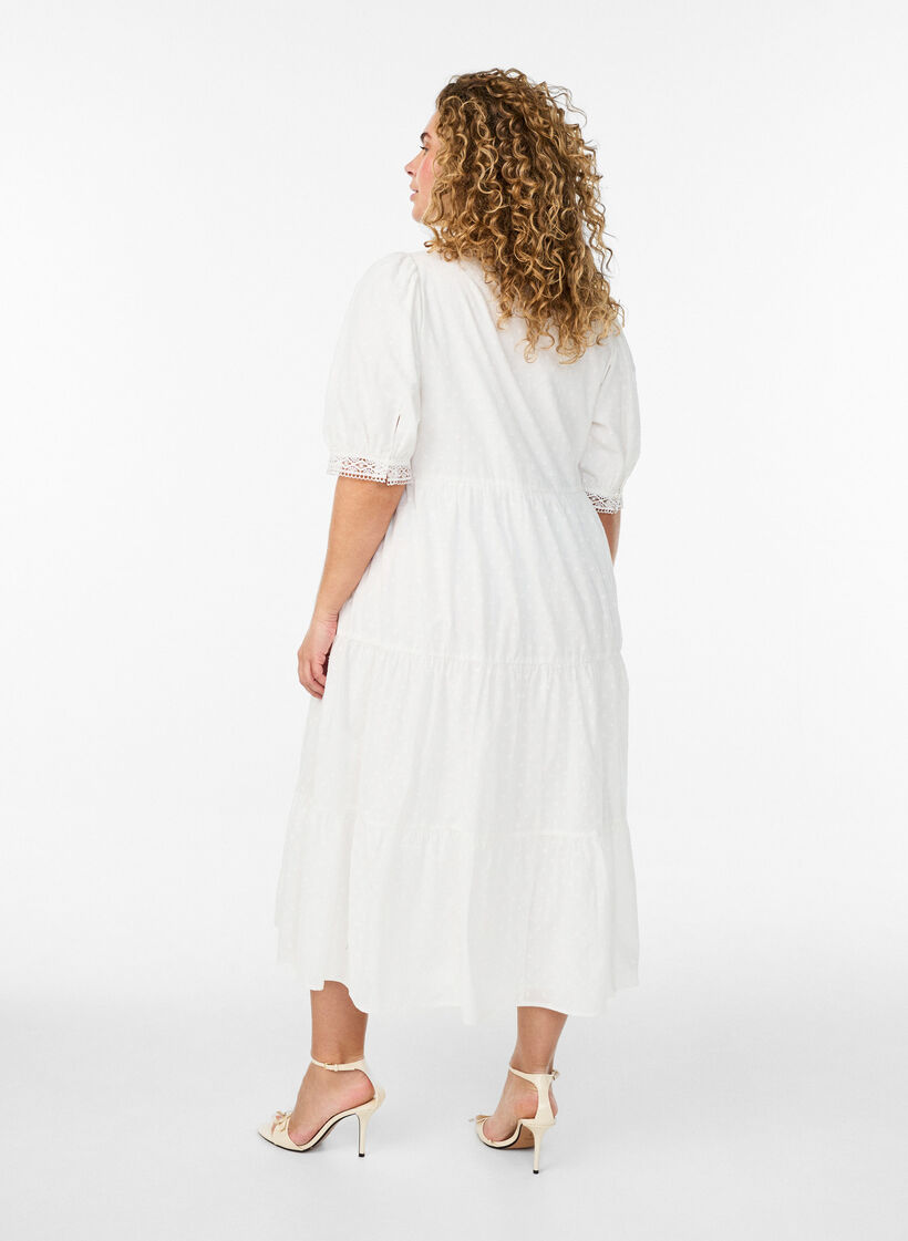 Robe midi en coton textur&eacute; avec des d&eacute;tails en crochet, Blanc, Model image number 1