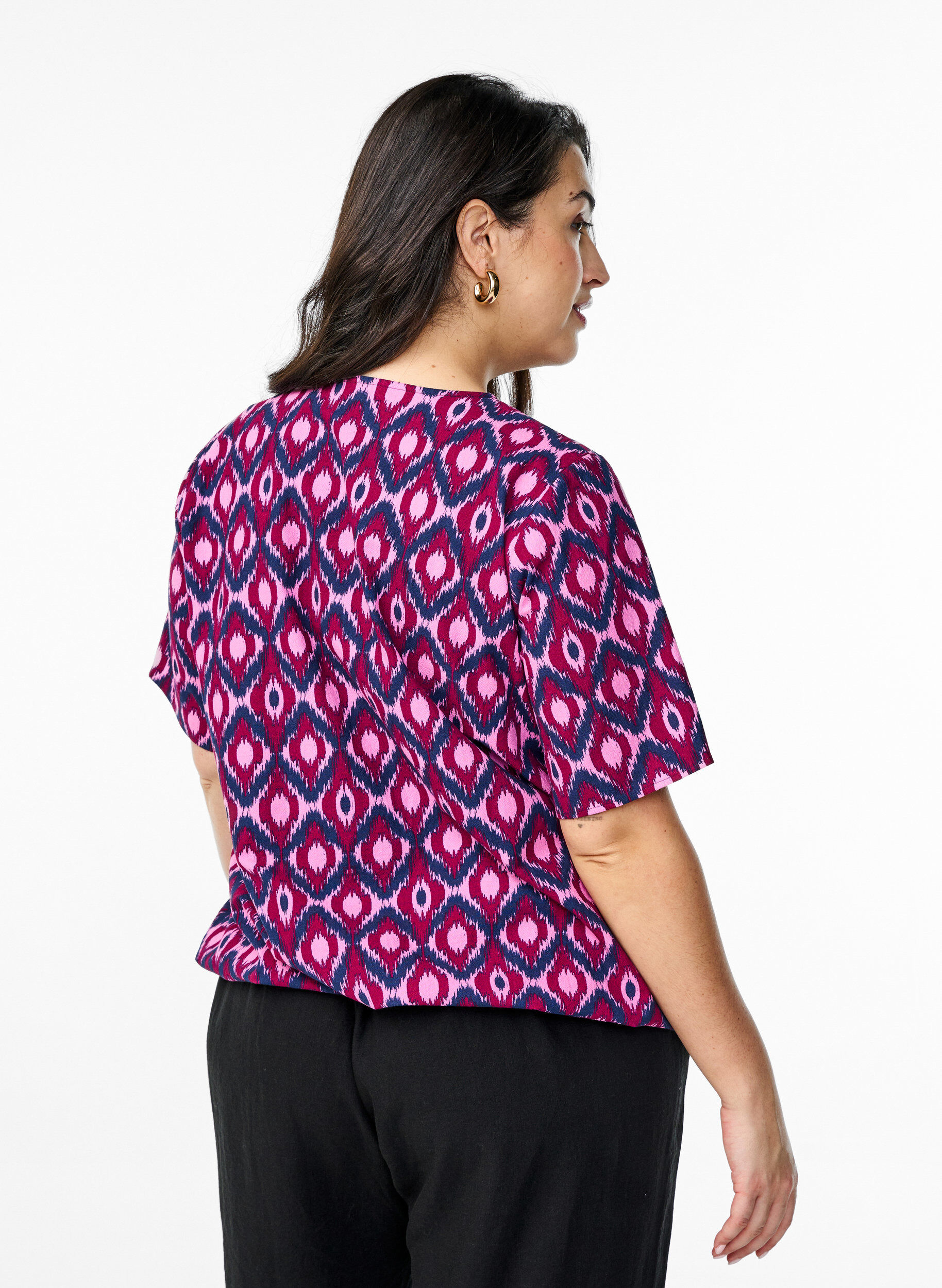 Zizzi Baumwoll-Bluse mit Print und kurzen &Auml;rmeln, Pink, Model image number 2