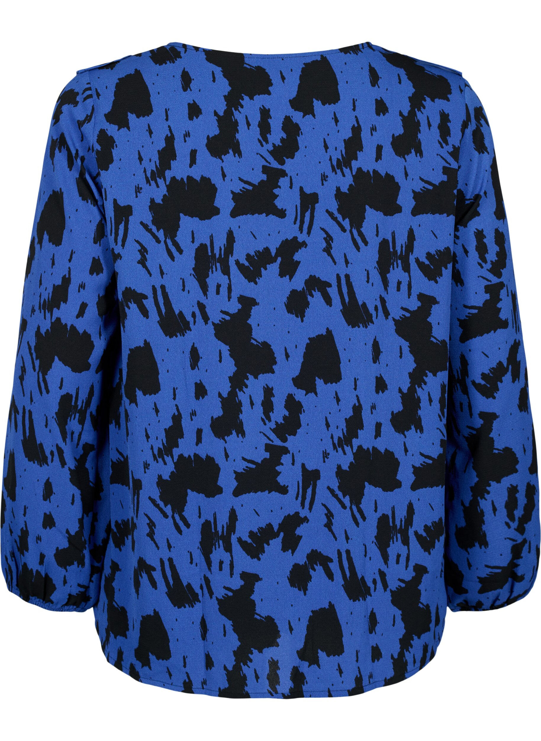 Zizzi Lang&auml;rmelige Bluse mit R&uuml;schen, Black Blue AOP, Packshot image number 1