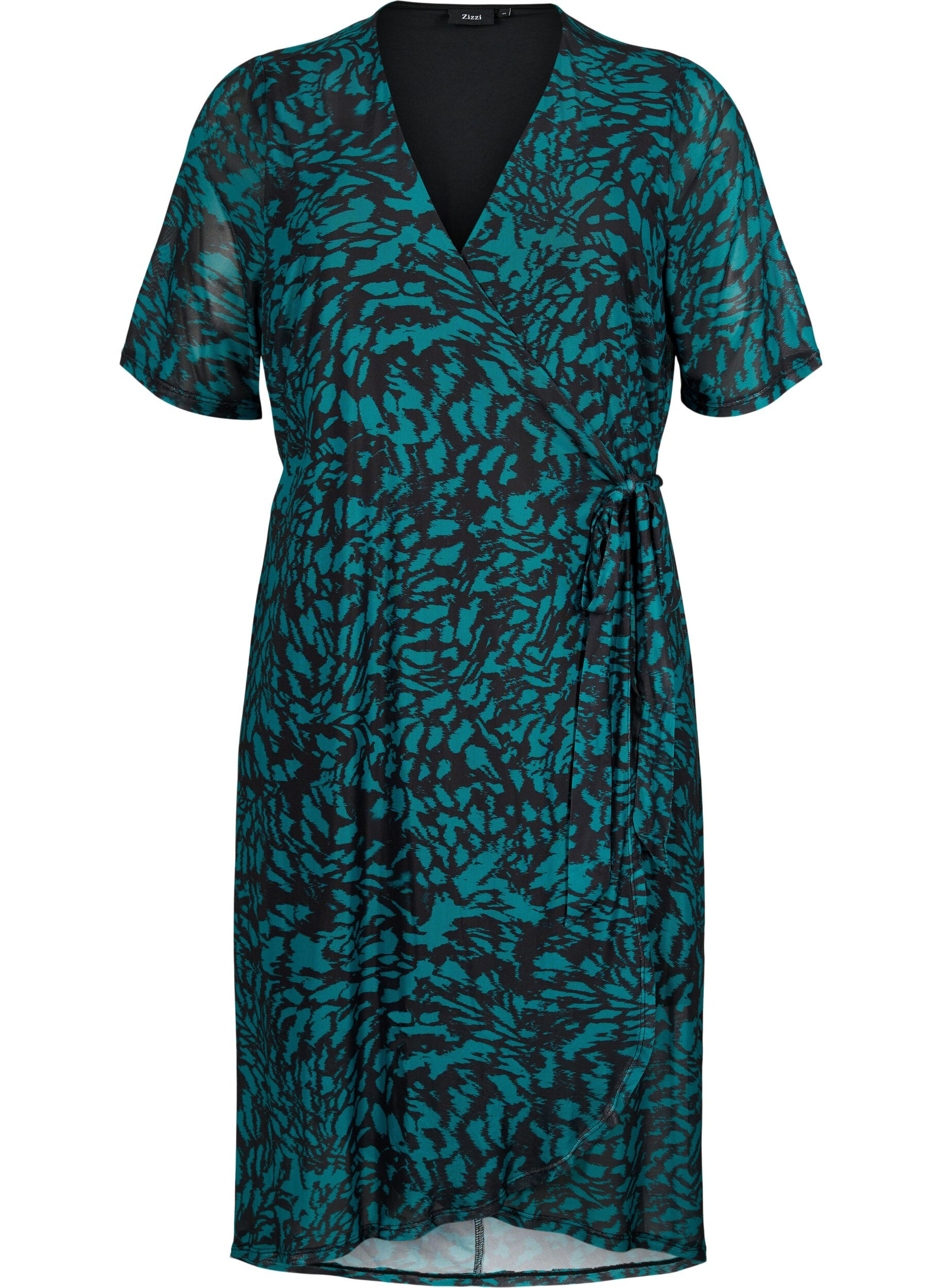 Zizzi Robe midi enveloppante imprim&eacute;e, Black Green AOP, Packshot image number 0
