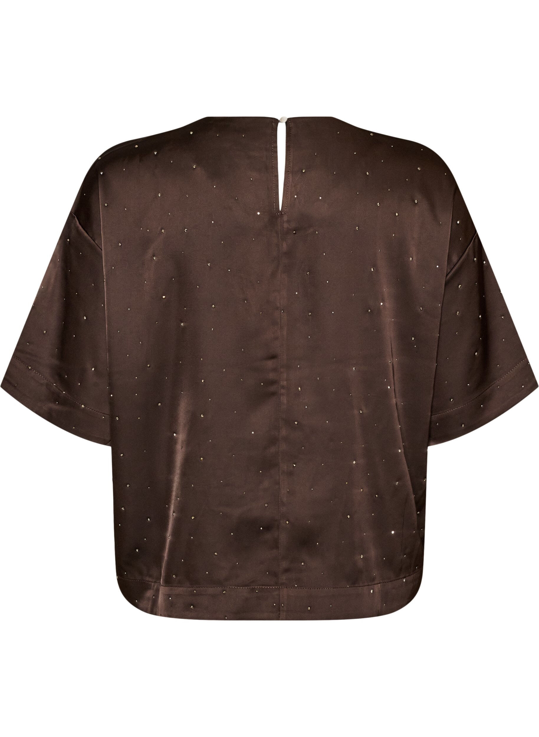 ZizziBlouse en satin avec strass et manches au coude, Marron, Packshot image number 1