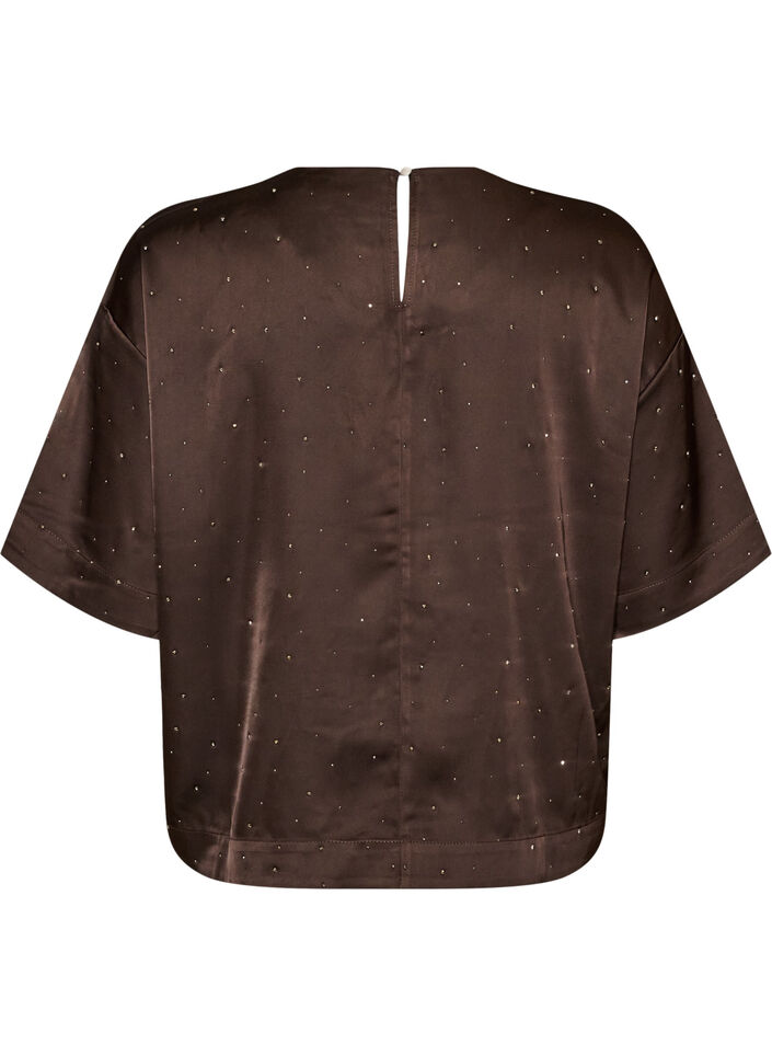 Blouse en satin avec strass et manches au coude, Marron, Packshot image number 1