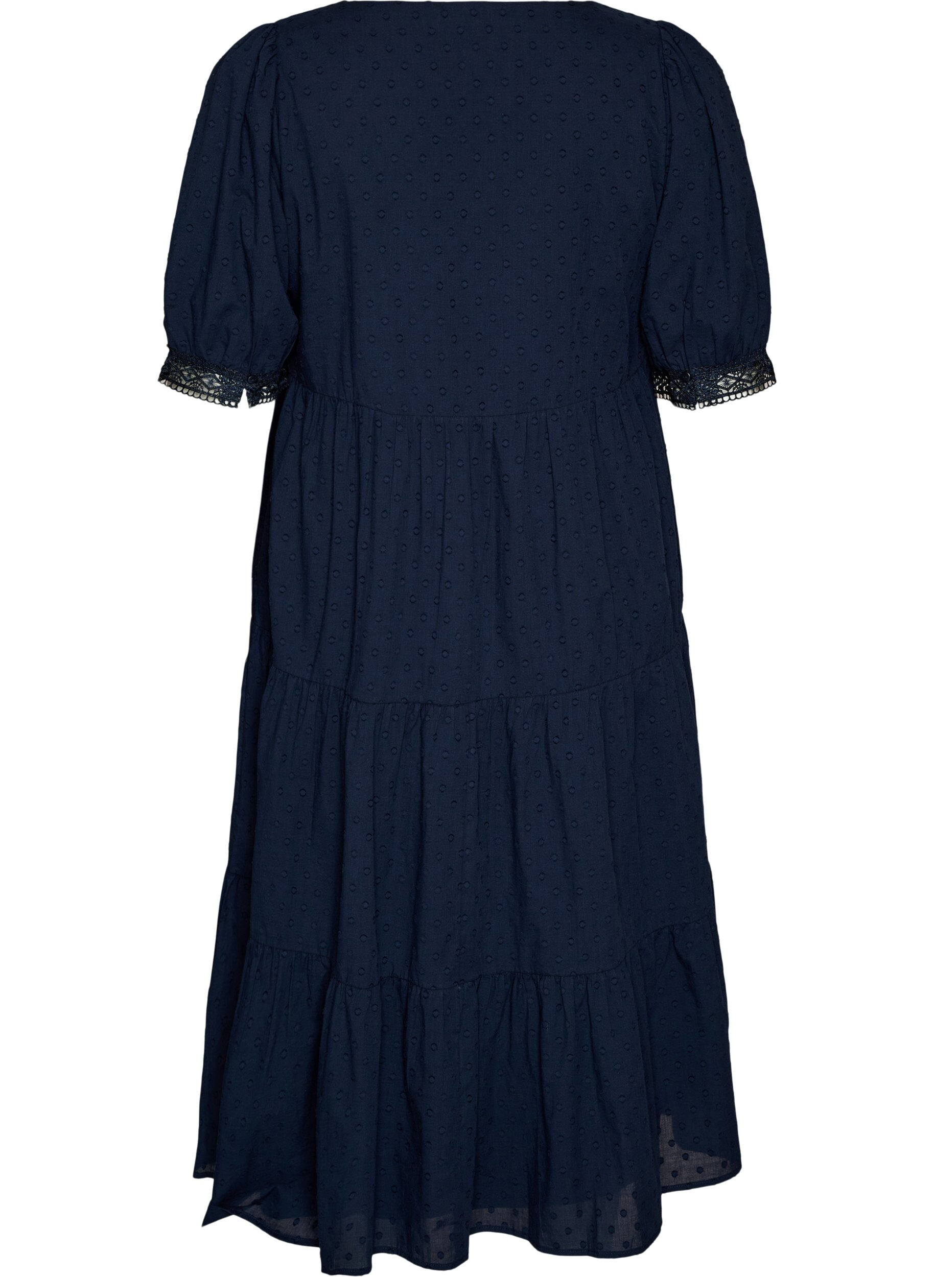 Zizzi Robe midi en coton textur&eacute; avec des d&eacute;tails en crochet, Bleu, Packshot image number 1