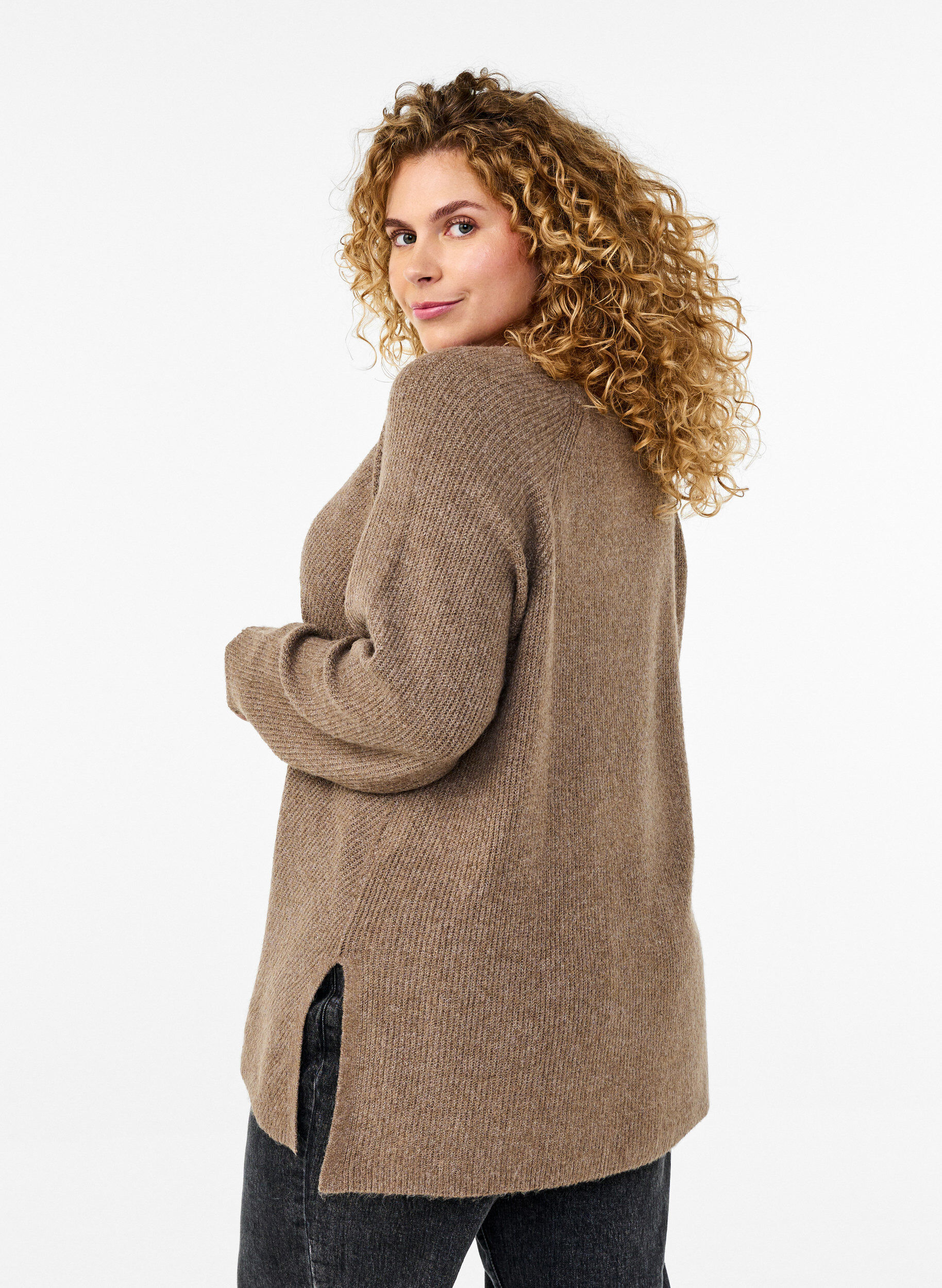 Zizzi Strickbluse mit Rundhalsausschnitt, Fossil Mel., Model image number 1