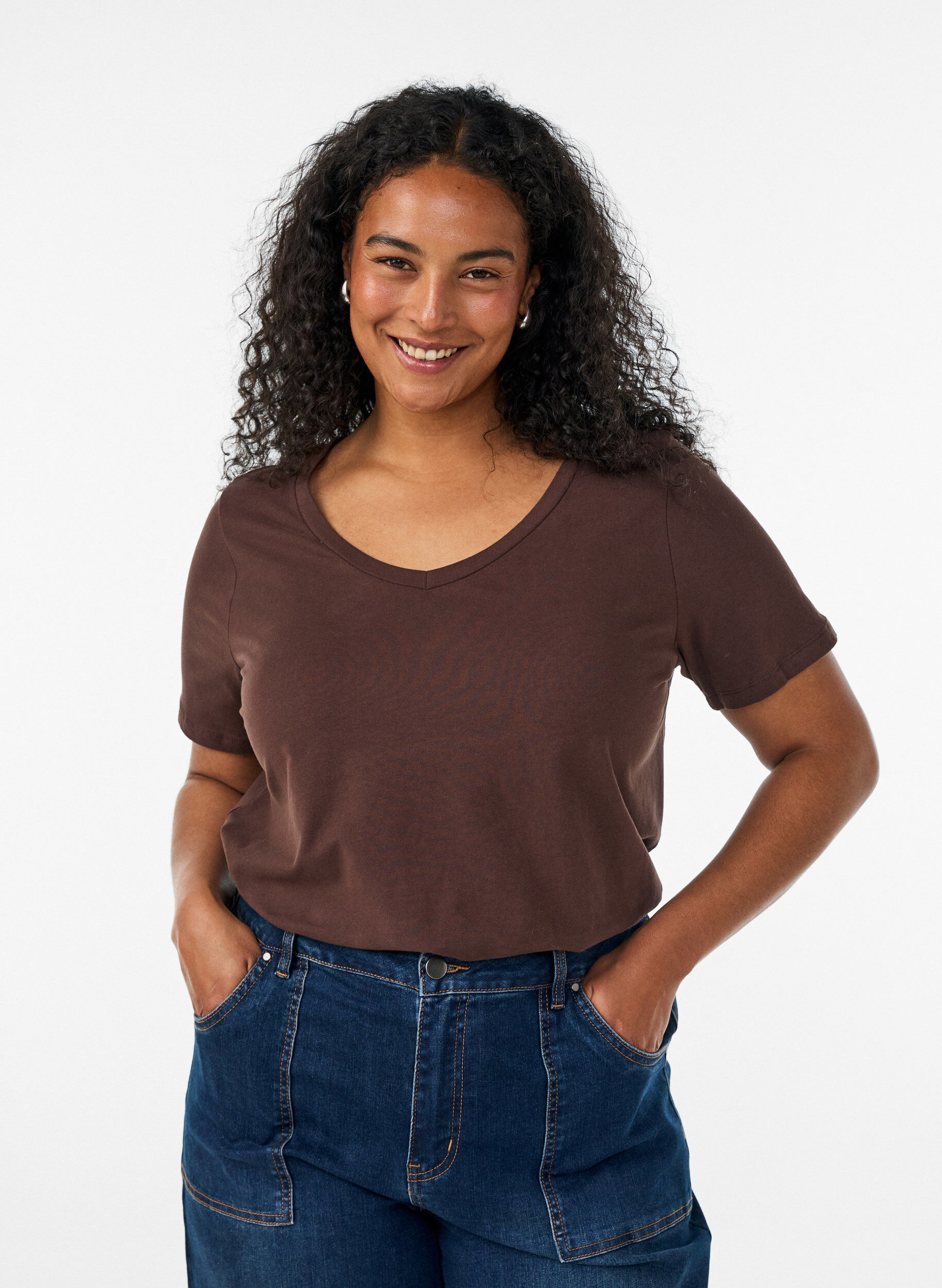 T-shirt en coton uni basique, Marron, Model
