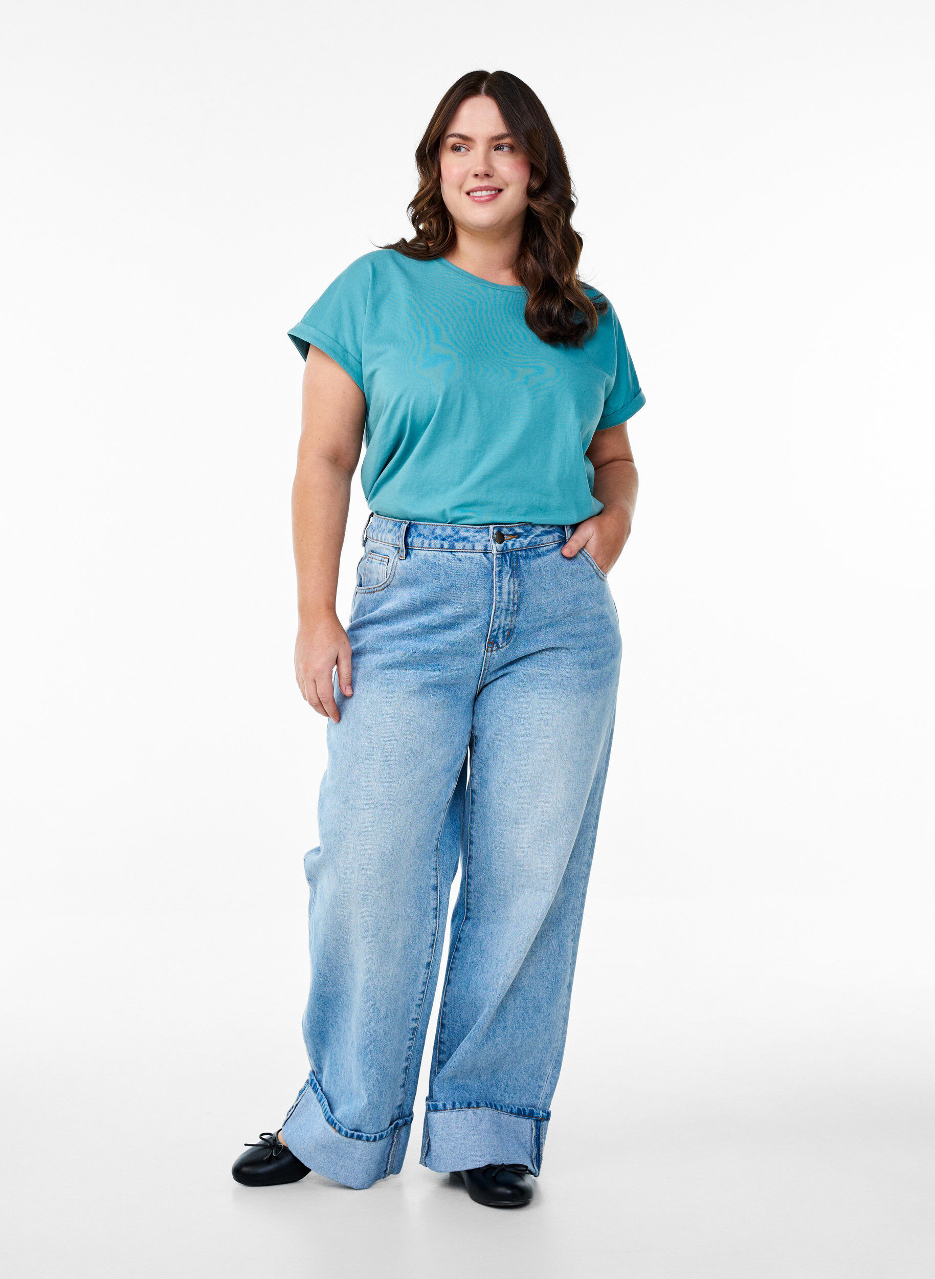 Zizzi T-shirt &agrave; manches courtes en coton m&eacute;lang&eacute;, Bleu, Model image number 1