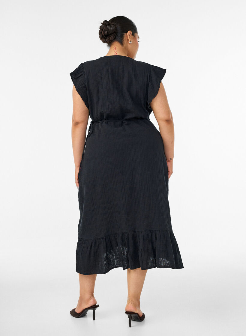 Wickelkleid aus Baumwoll-Musselin mit R&uuml;schen, Schwarz, Model image number 1