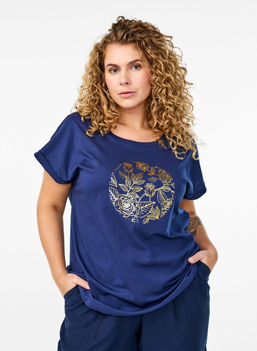 T-Shirt mit goldfarbenem Blumendruck, Naval A. Gold Rose, Model image number 0