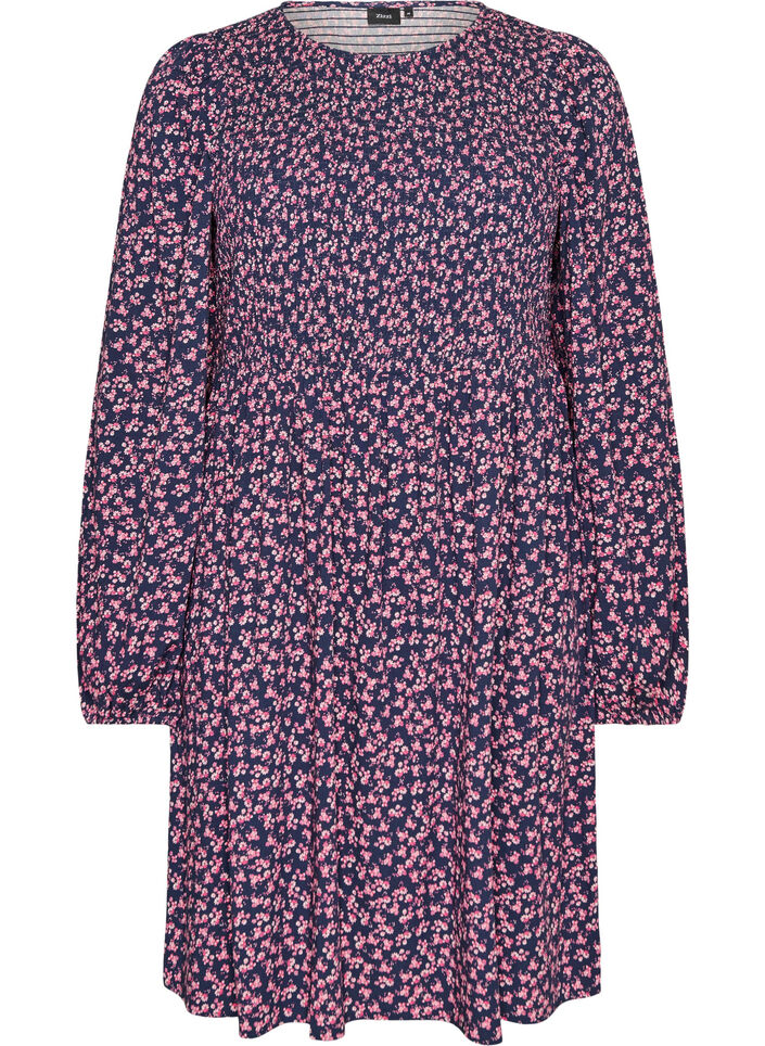 Robe avec haut smock&eacute; et imprim&eacute; &agrave; petites fleurs, Bleu, Packshot image number 0