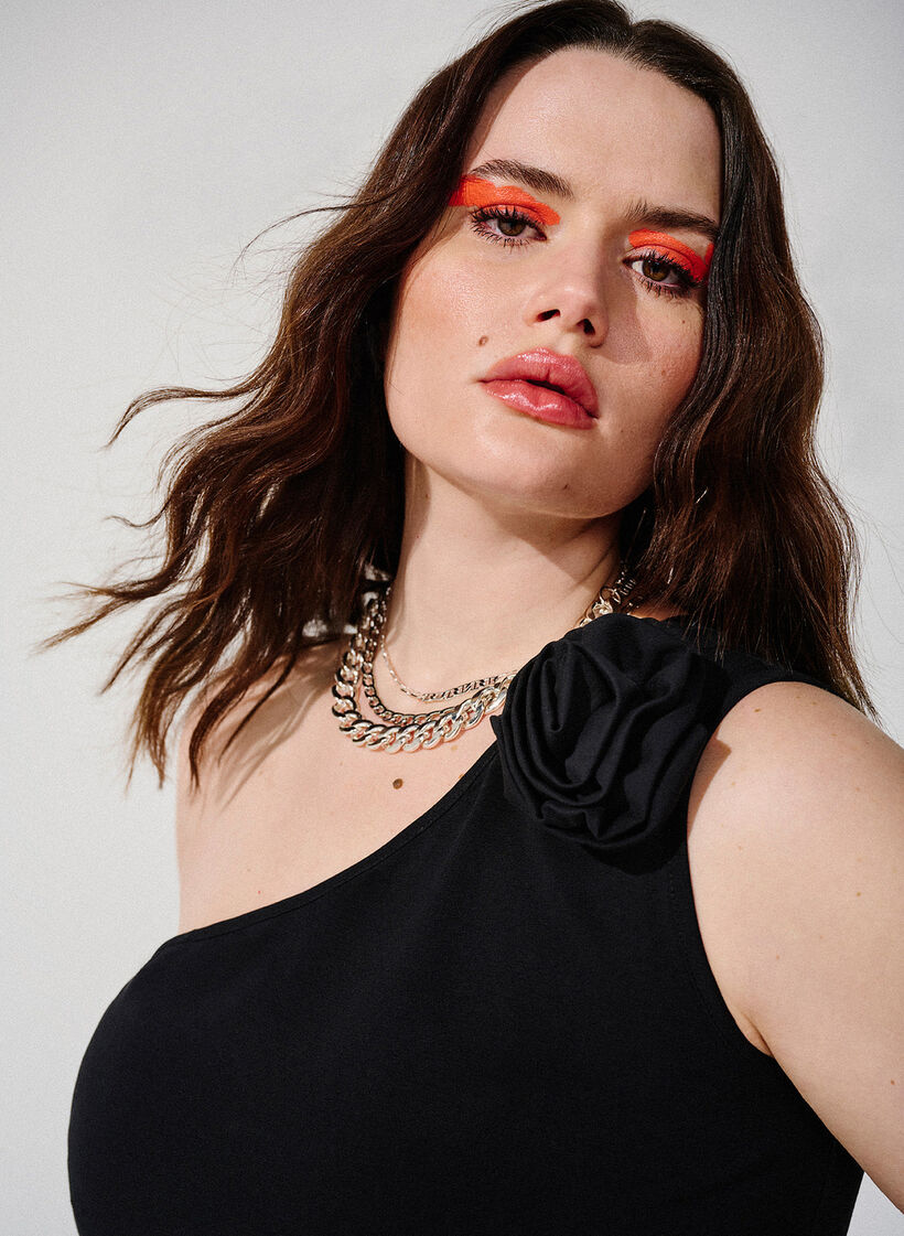 One-Shoulder-Top mit Rose, Black, Image image number 0