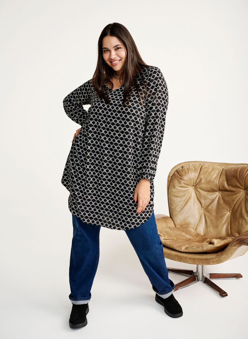 Kleid mit V-Ausschnitt und Aufdruck, Black Graphic AOP, Image image number 0