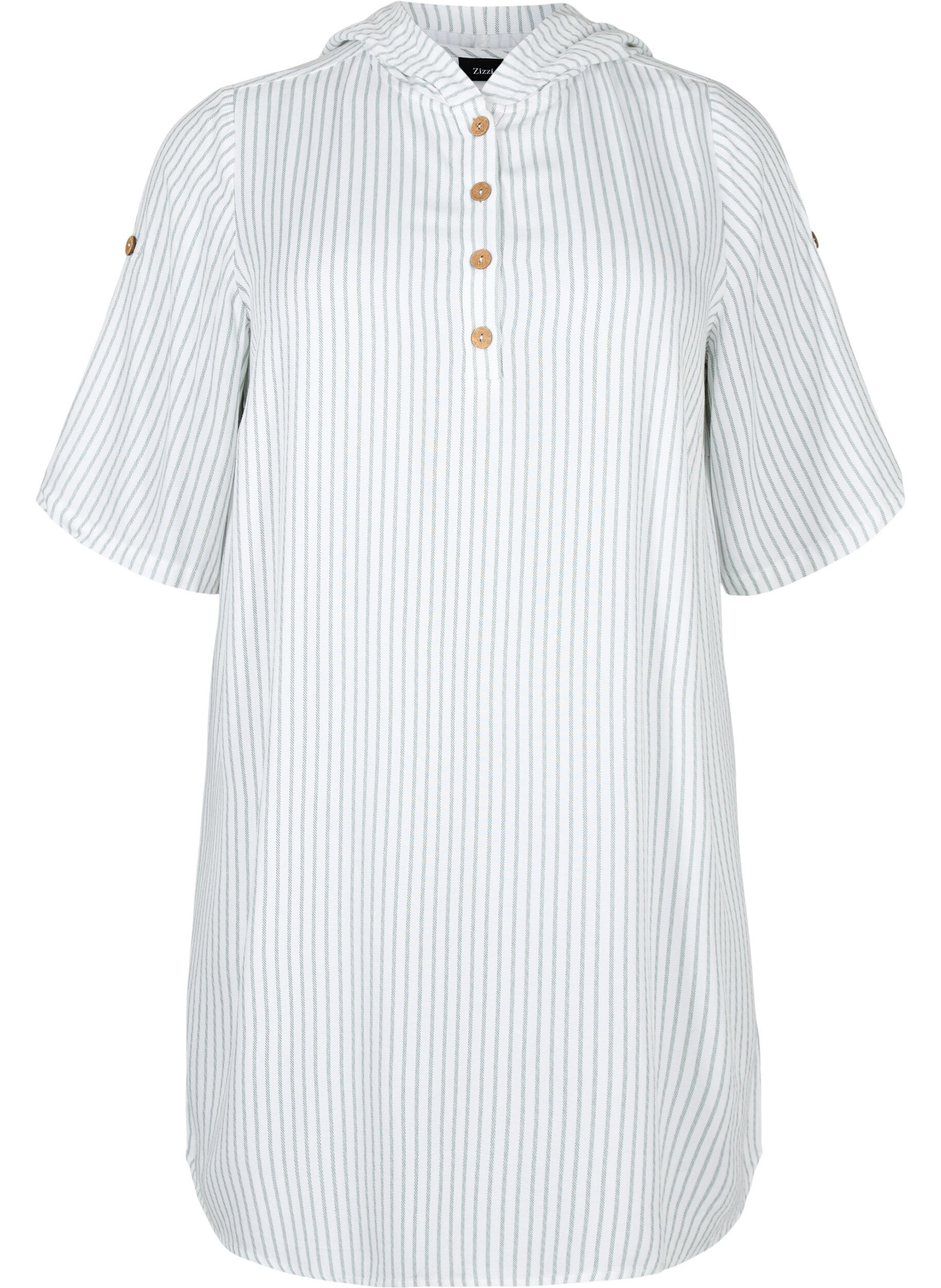 Zizzi Kurz&auml;rmelige Viskose-Tunika mit Kapuze, Chinois Green Stripe, Packshot image number 0