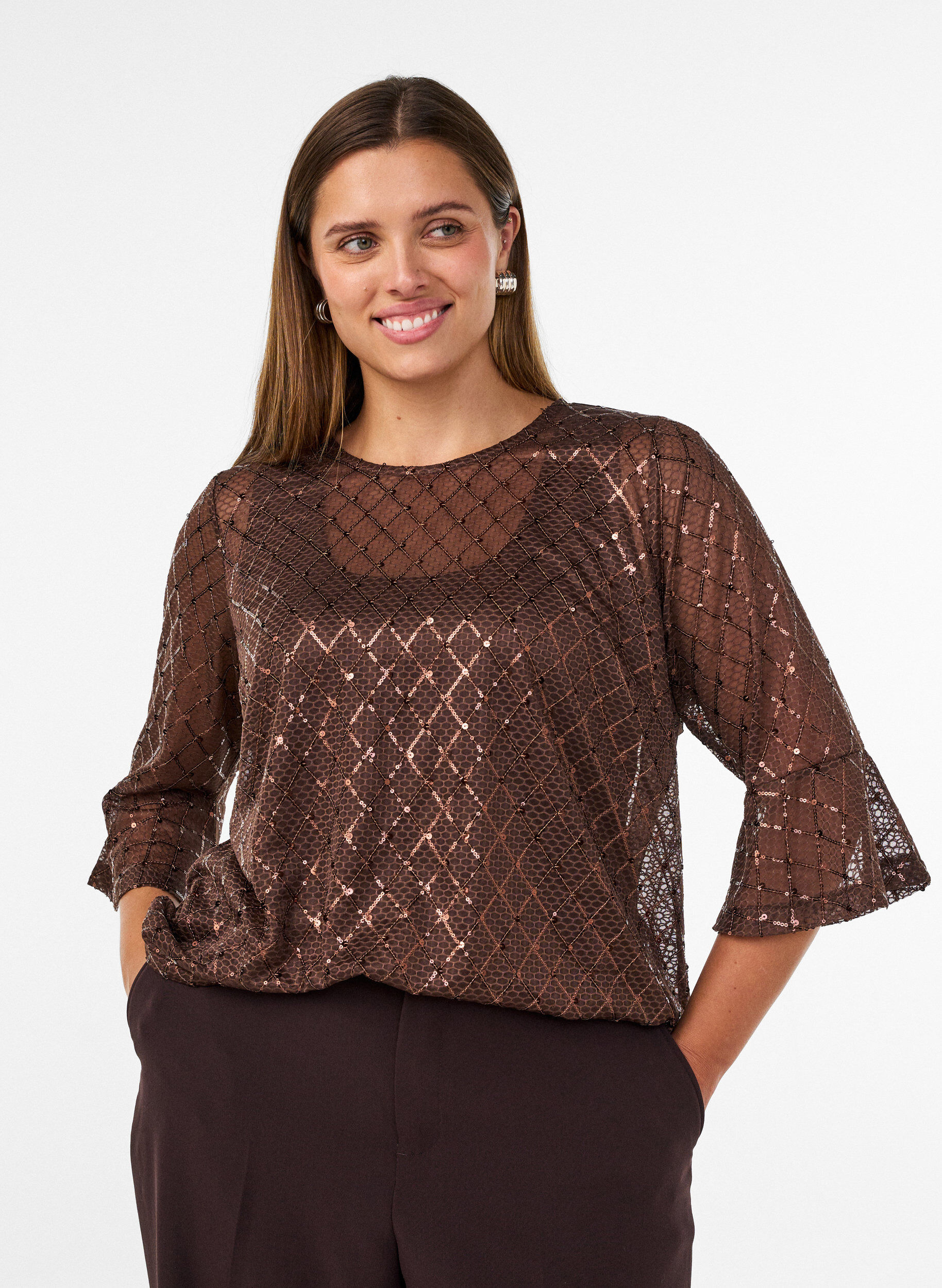ZizziBlouse transparente avec sequins et motif &agrave; losanges, Marron, Model image number 0