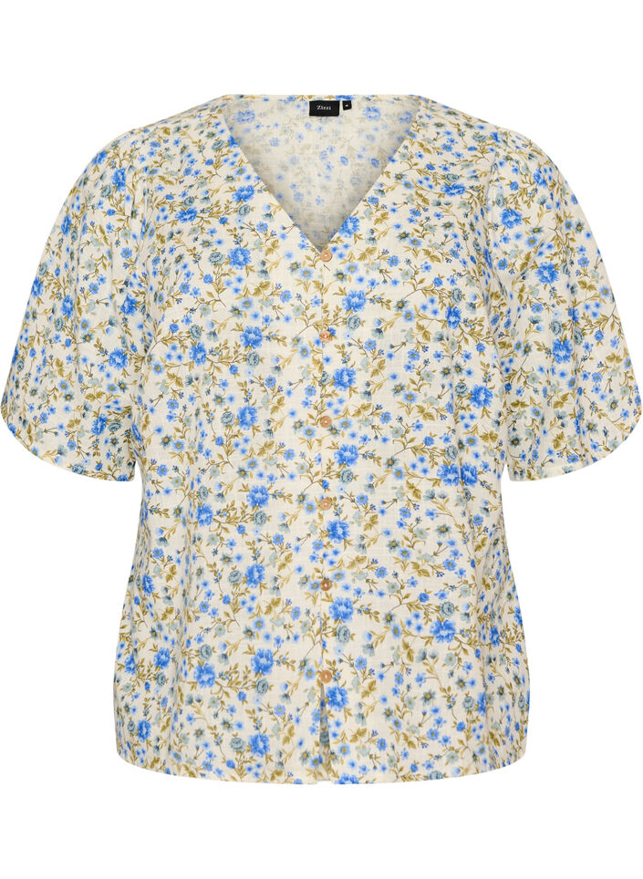 Kurz&auml;rmelige Bluse aus Baumwolle mit V-Ausschnitt, Blau, Packshot image number 0