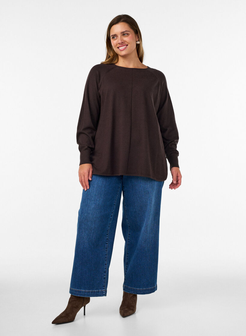 Chemisier en tricot avec col rond et motif tricot, Marron, Model image number 1