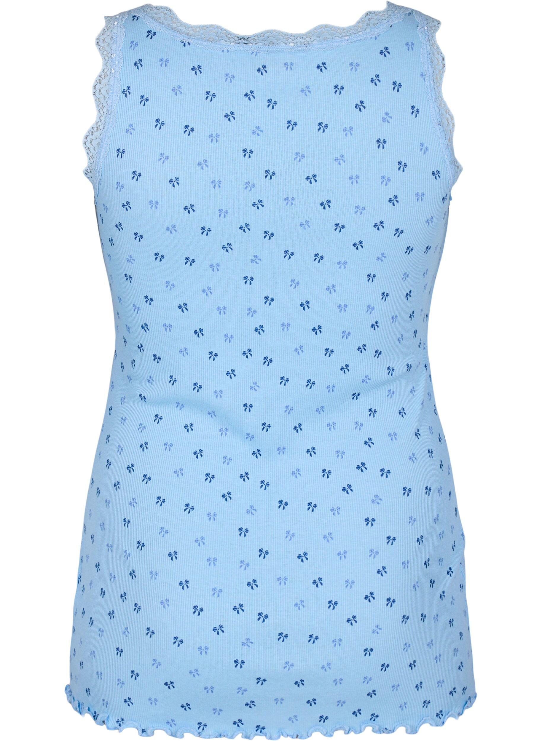 Zizzi Top avec imprim&eacute; et bord en dentelle, Bleu Clair, Packshot image number 1