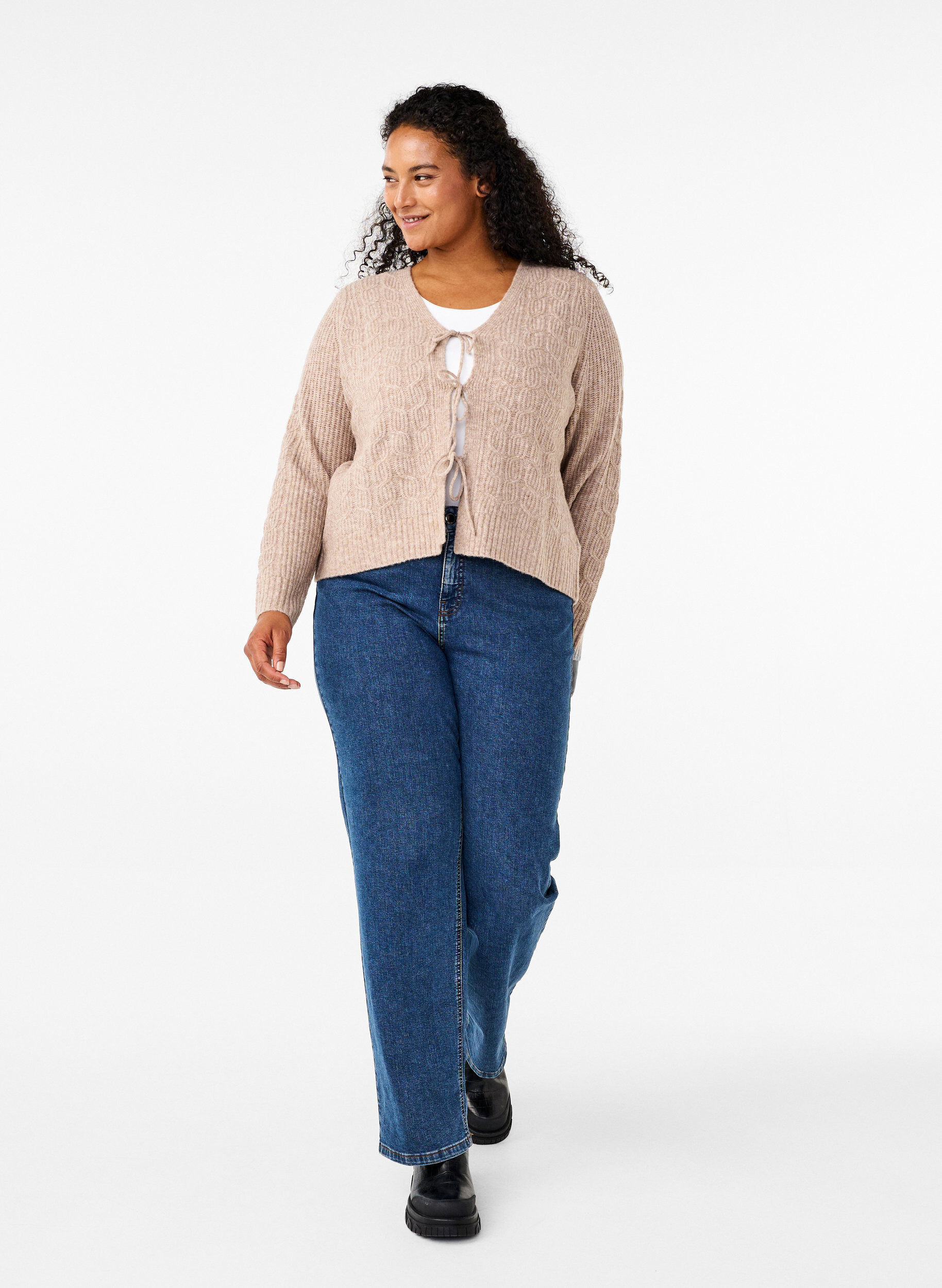 Zizzi Cardigan en maille avec lien &agrave; nouer, Simply Taupe Mel., Model image number 2