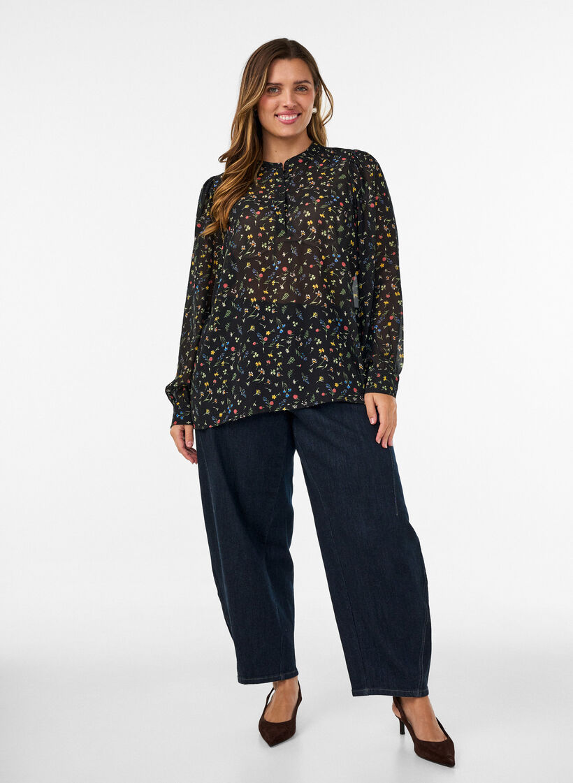 Bluse mit Allover-Print und kurzer Knopfleiste, Schwarz, Model image number 1
