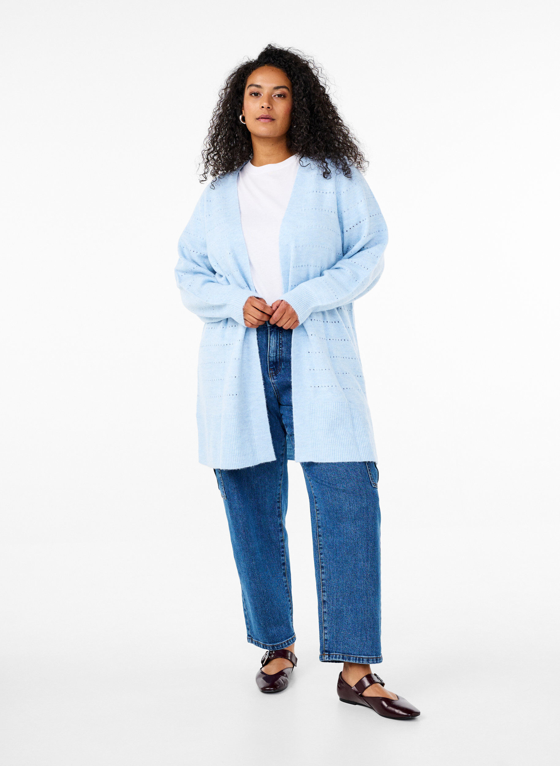 Zizzi Cardigan long en tricot avec un motif en dentelle, Cashmere Blue Mel., Model image number 2