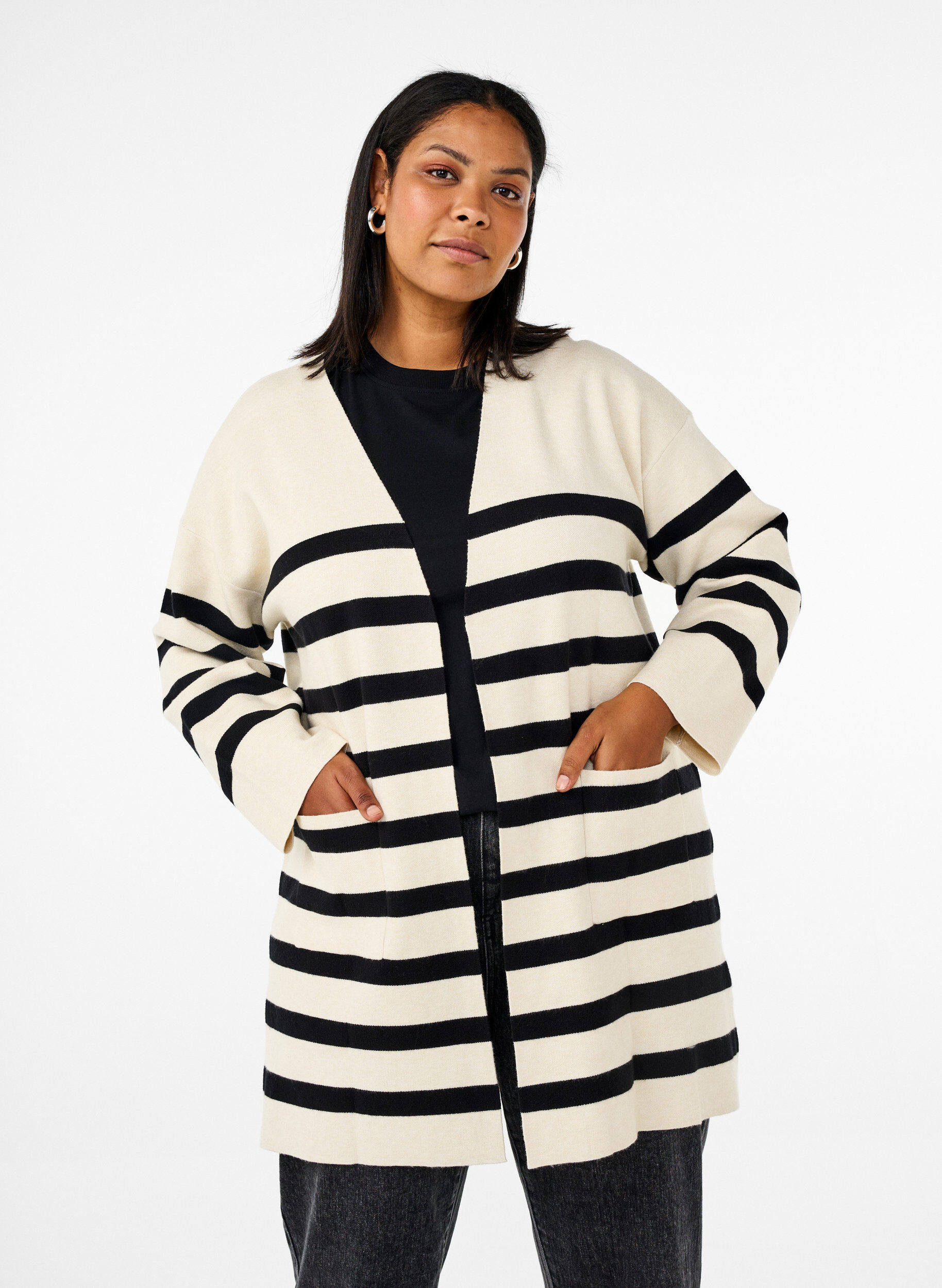 Zizzi Langgestreifter Strickcardigan, Birch w/Black, Model image number 0