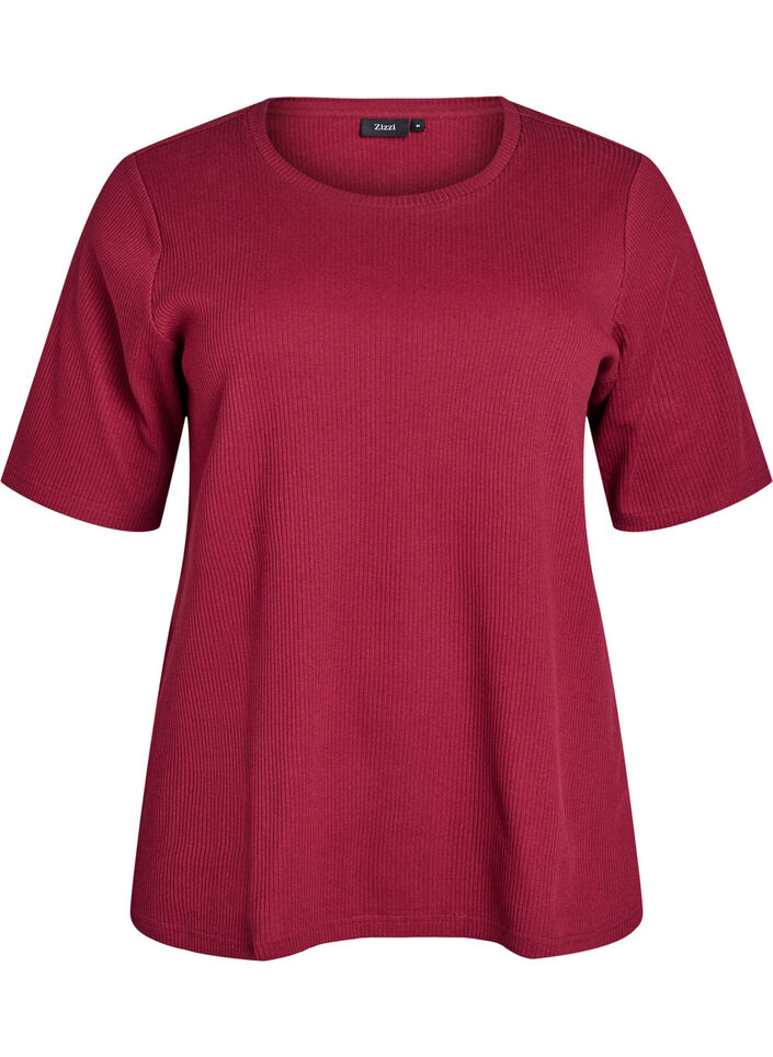 Bluse aus geripptem Jersey mit kurzen &Auml;rmeln, Dunkles Bordeaux, Packshot image number 0