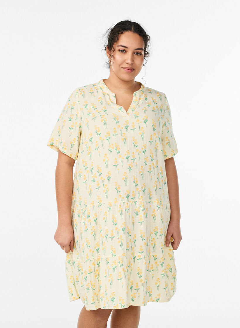 Kurzes A-Linien-Kleid aus Baumwollmusselin, Gelb, Model image number 0