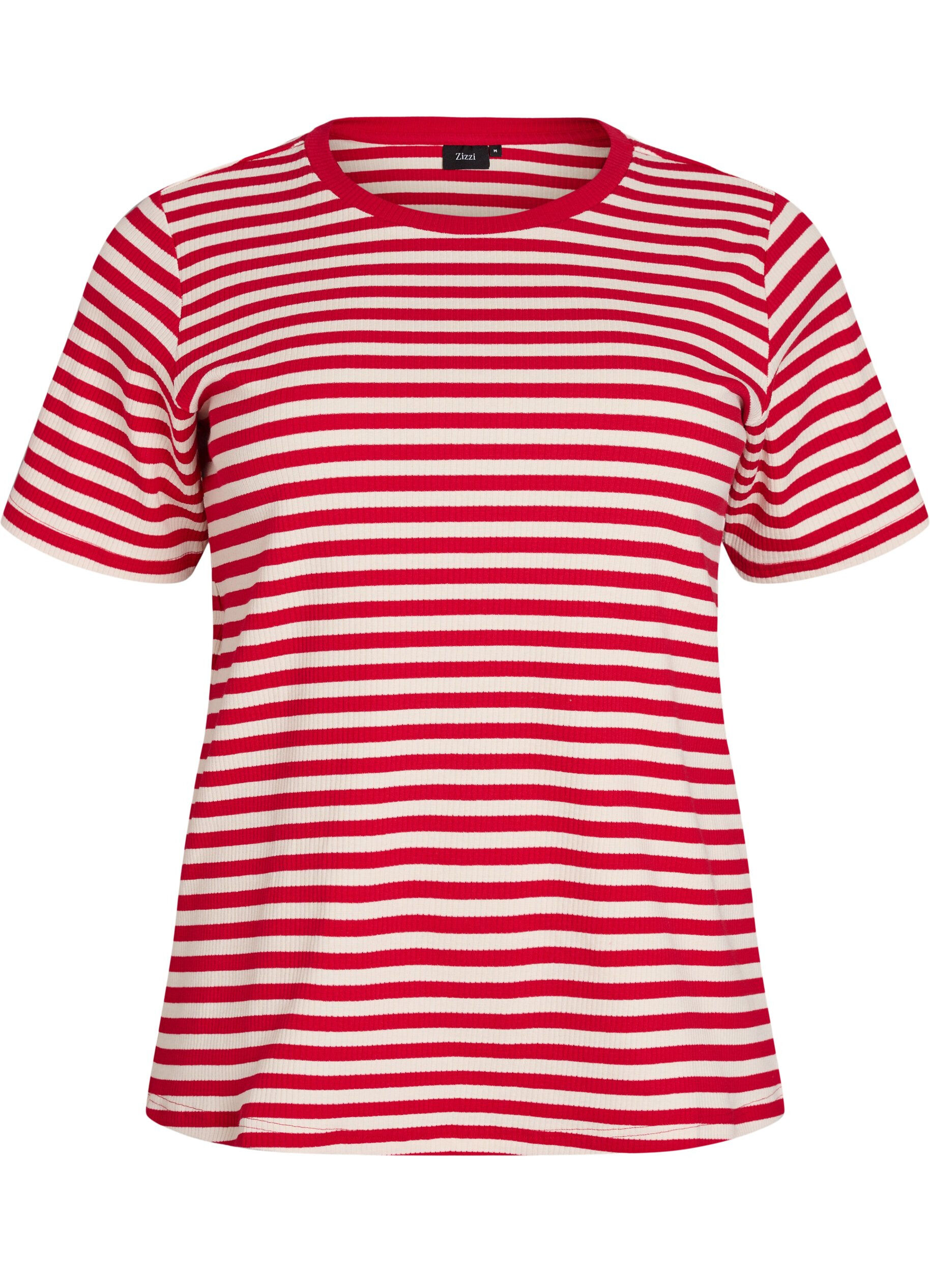 ZizziGestreiftes T-Shirt mit gerippter Struktur, Rot, Packshot image number 0