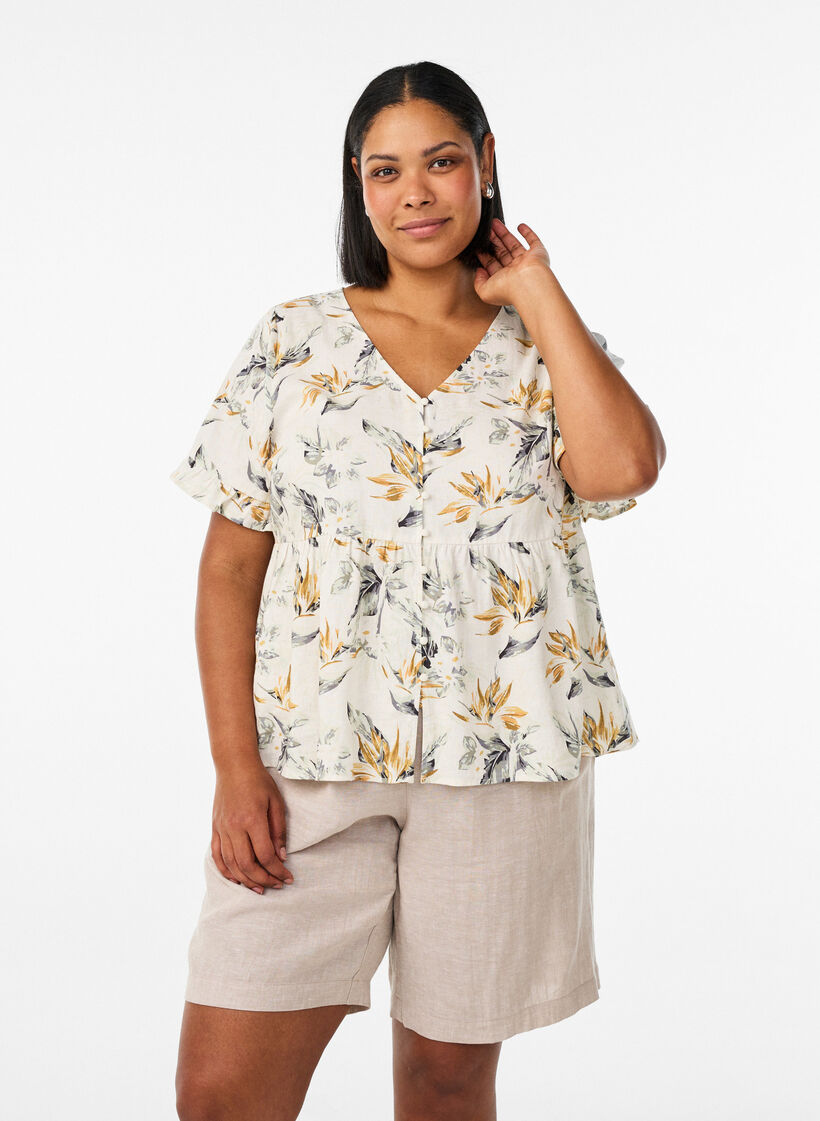 Short taille haute en lin et viscose, Beige, Model image number 0