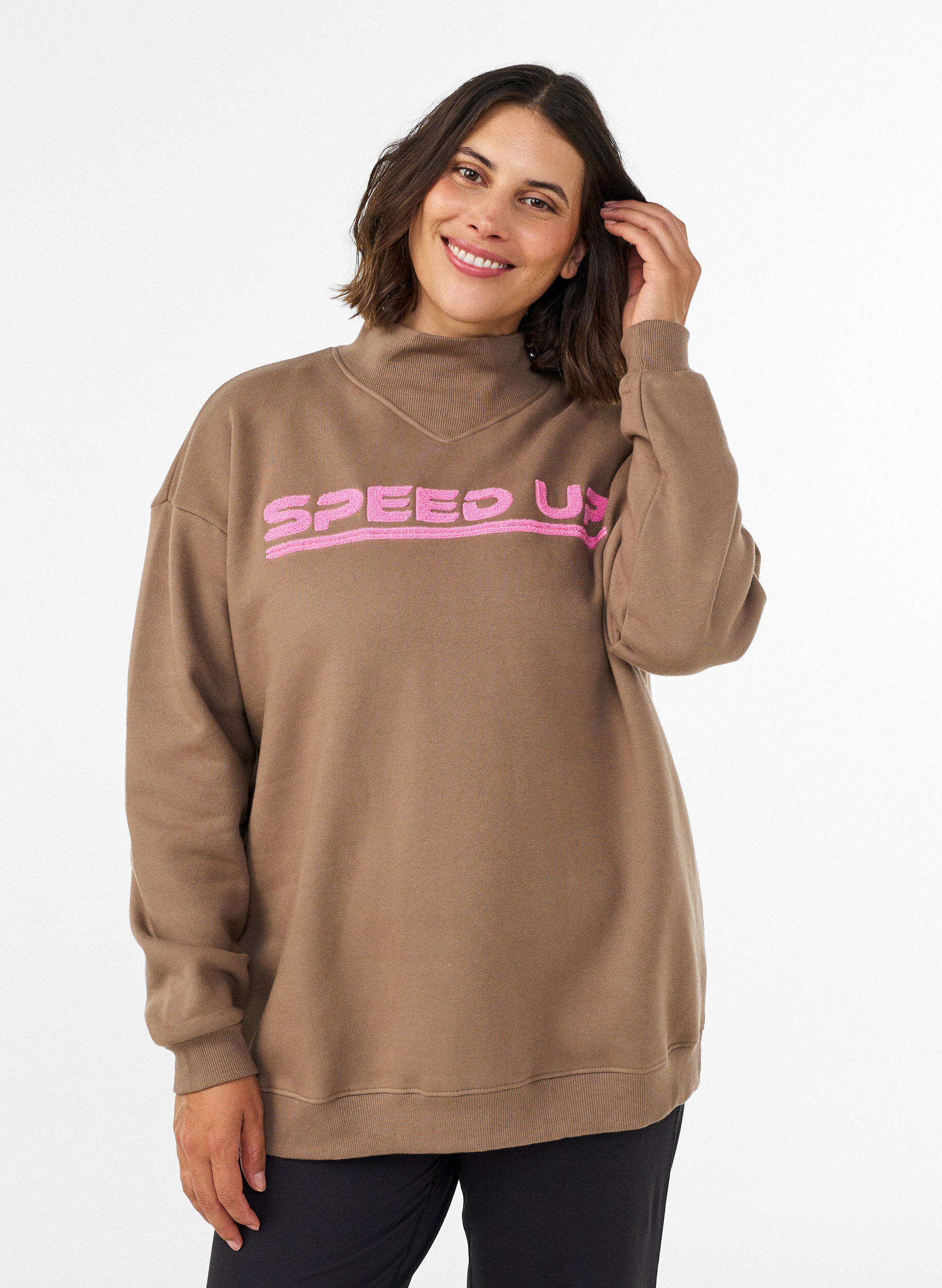 ZizziSweatshirt avec col montant et motif sportif sur le devant, Marron, Model image number 0
