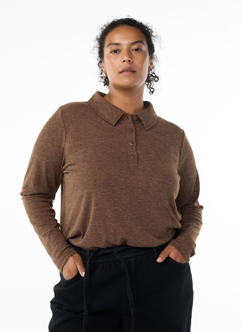 Langärmliges Poloshirt aus dehnbarem Rippmaterial, Fondue F. Mélange, Model image number 0