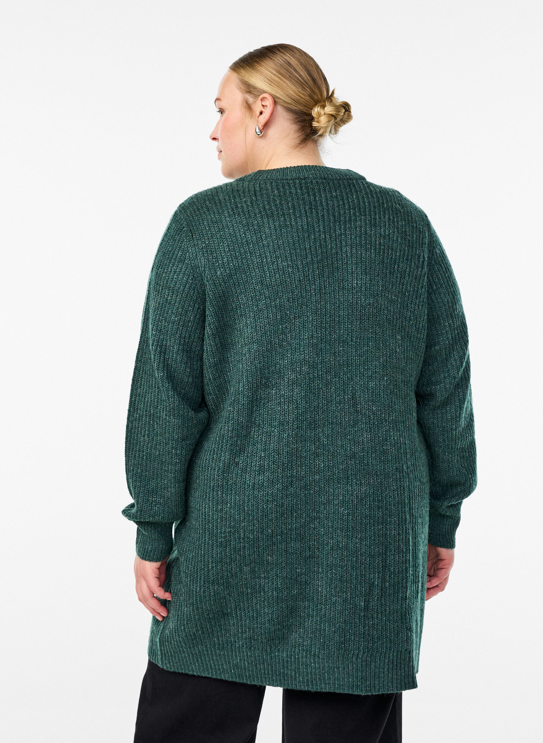 Zizzi FLASH - Cardigan long en maille c&ocirc;tel&eacute;e avec poches, Vert fonc&eacute;, Model image number 2