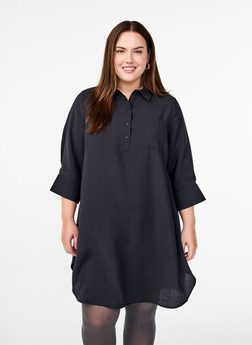 Kleid mit Kragen und Brusttasche, Schwarz, Model image number 0