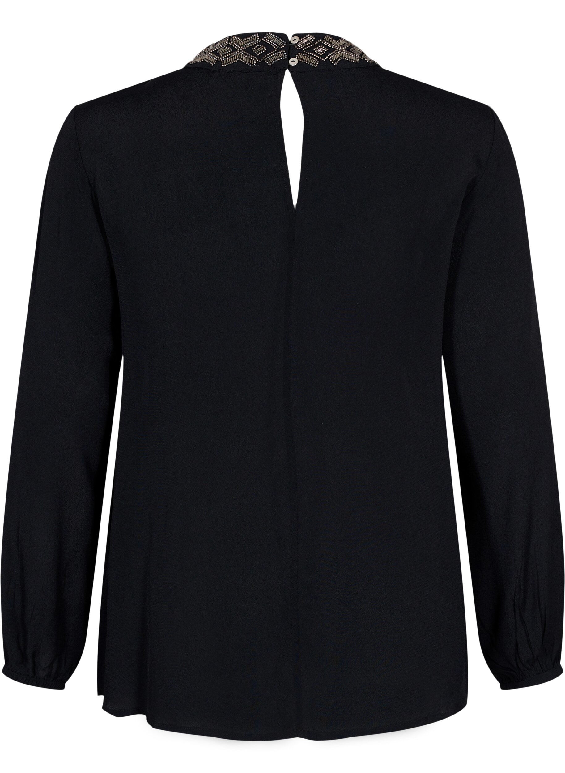 Zizzi Lang&auml;rmelige Viskosebluse mit Perlen, Black, Packshot image number 1